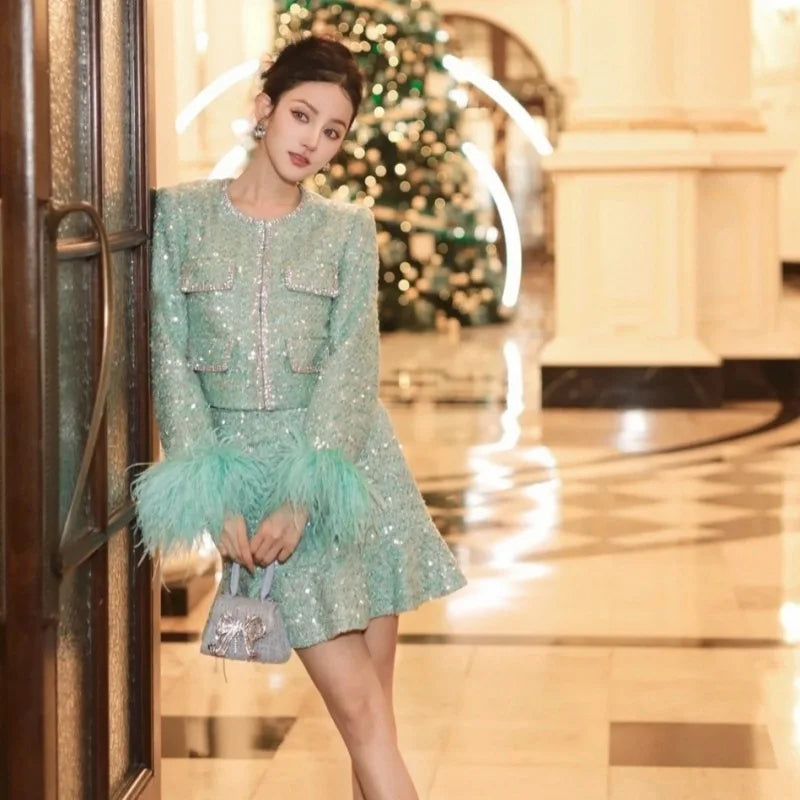 Autumn Winter Coarse Tweed Green Feather Sleeves Sequin Two Piece Set Women Jackets Coats Fishtail Short Skirts 2pcs Outfits