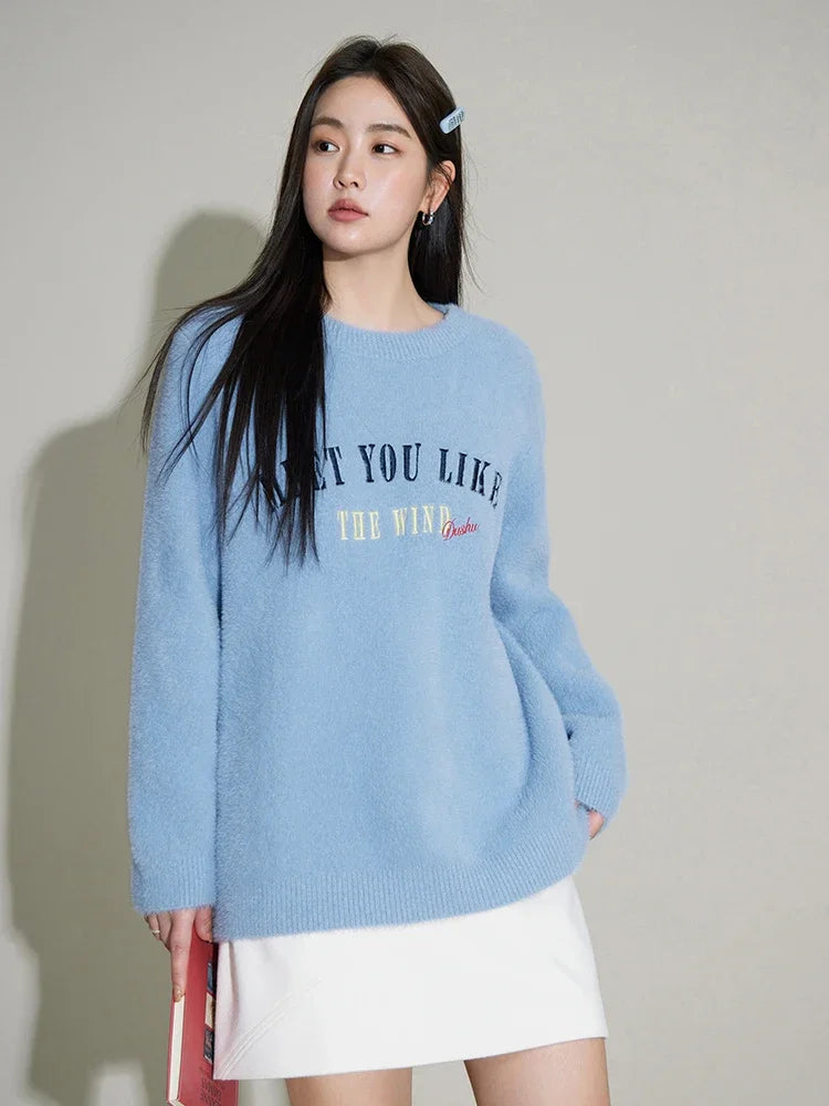 DUSHU Round Neck Drop Sleeve Female Pink Gentle Winter Sweaters Women Soft Waxy Casual Knit Sweater Thicken Blue Loose Pullovers