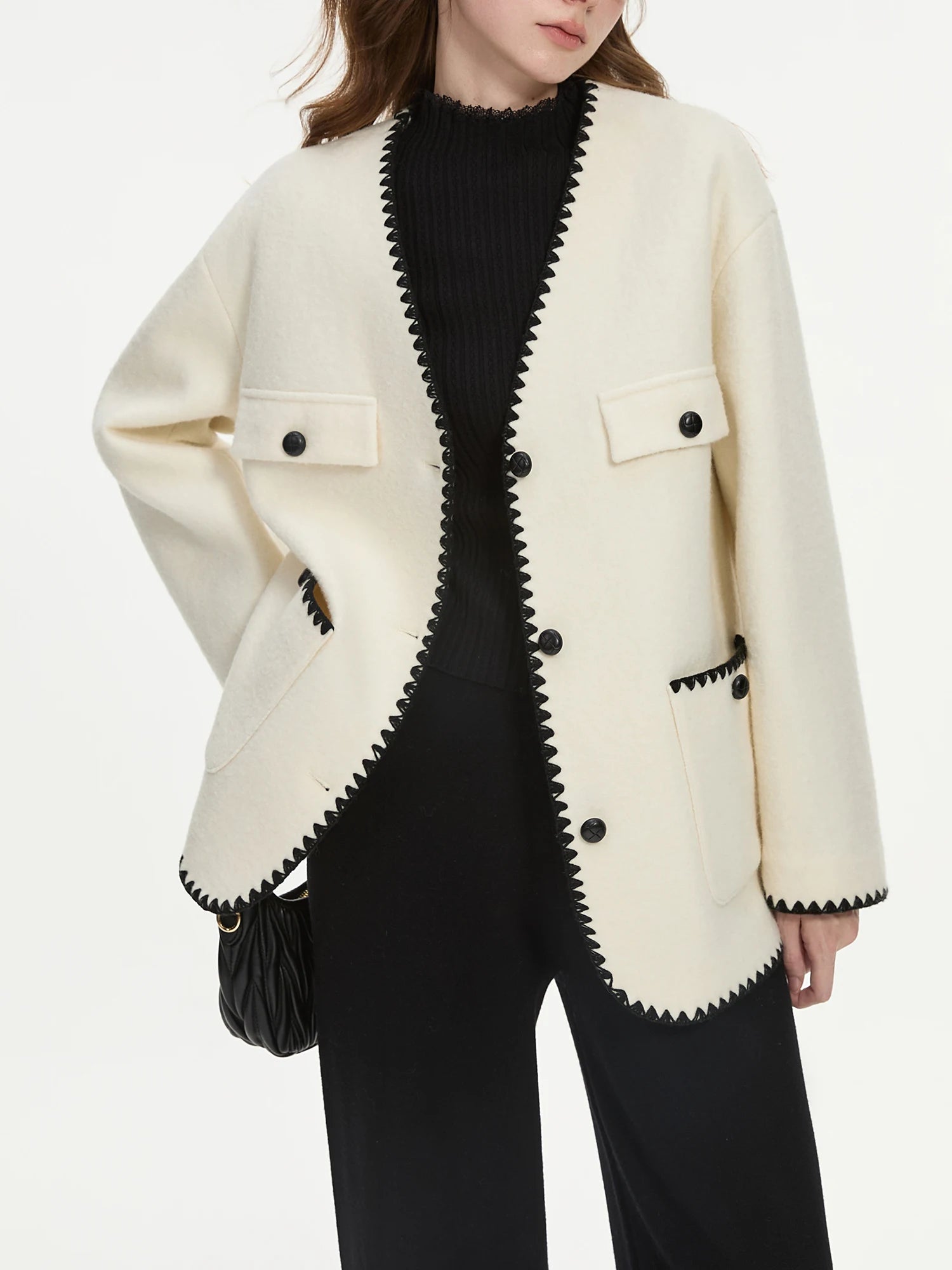 FSLE Office Lady Casual Shell Embroidered Single Sided Coat 2024 Winter New Versatile Short Women Casual Coat 24FS14266