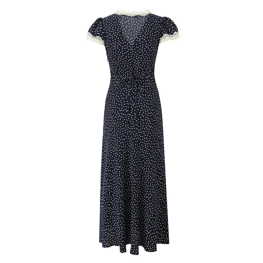 Elegant Navy V Neck Polka Dot Print Lace Trim Dress