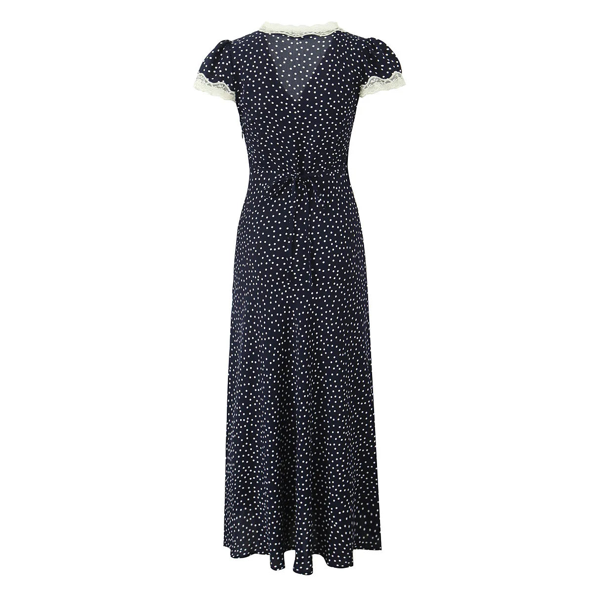 Elegant Navy V Neck Polka Dot Print Lace Trim Dress