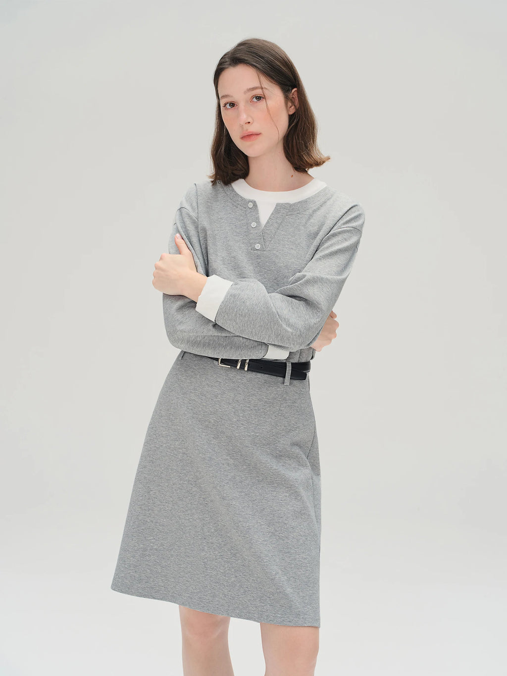 Autumn 2025 Women's Mock Layer Dress - Flattering Fit Versatile Length Shift Style Casual Elegant with Lace Trim