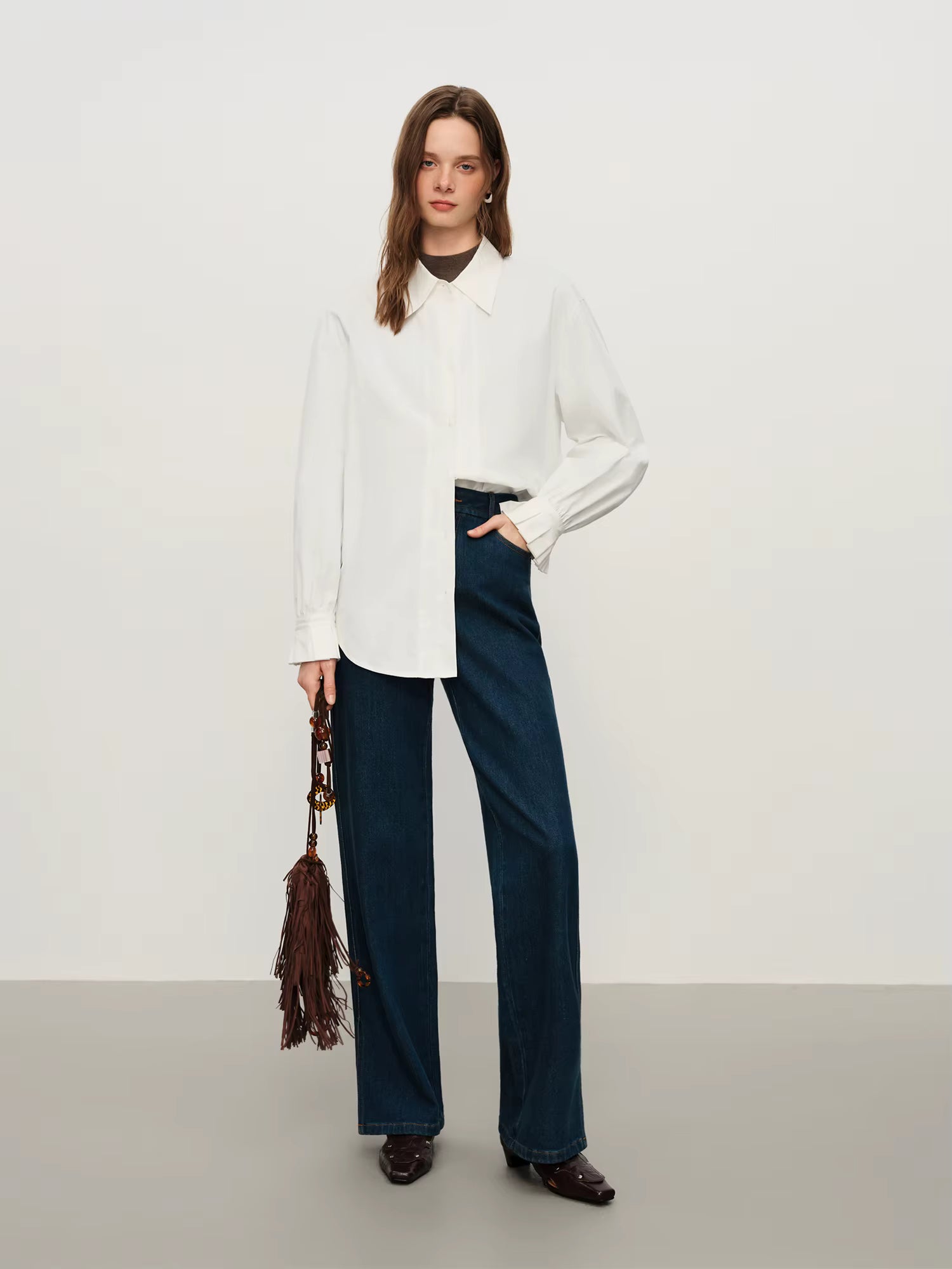 High-Waisted Black Wide-Leg Jeans with Slit Detail, Women's Fashion Casual Stretch Denim Trousers