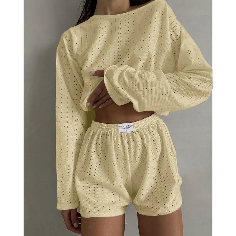 Women's Pajamas Set Spring Long Sleeve Tops With Shorts Sleepwear 2 Piece Set Loose Round Neck Home Wear Loungewear Pyjama Femme