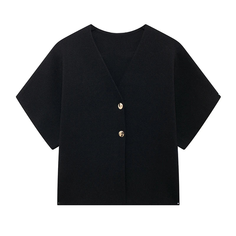 Elegant Solid Knitted Women's Vest V-neck Short Sleeve Buttons Loose Waistcoat Cardigan 2024 Summer Autumn Lady Commute Knitwear