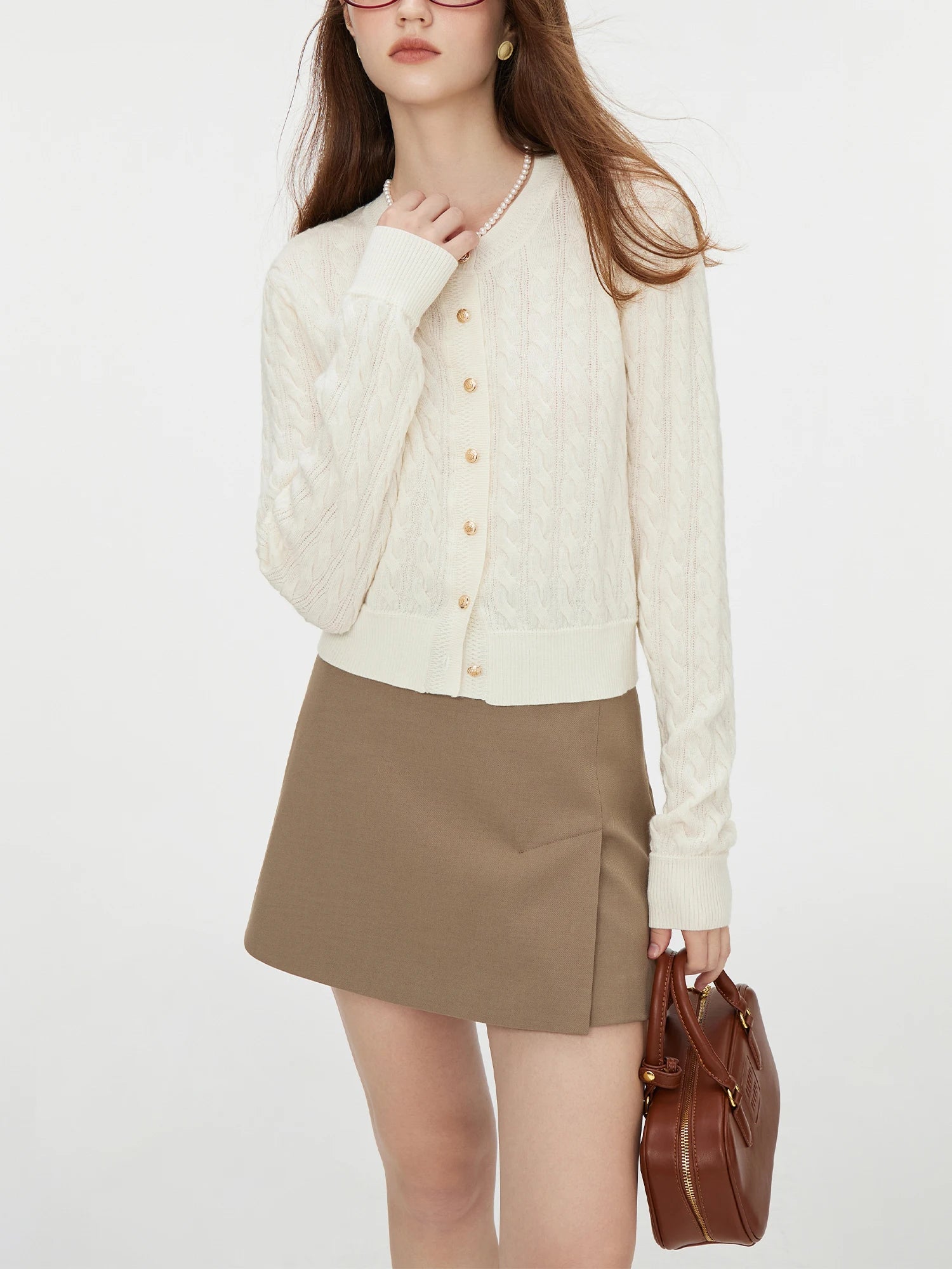 FSLE White Round Neck Wool Knitted Cardigan For Women 2024 Autumn New All-match Casual Elegant Gentle Style Tops 24FS13137