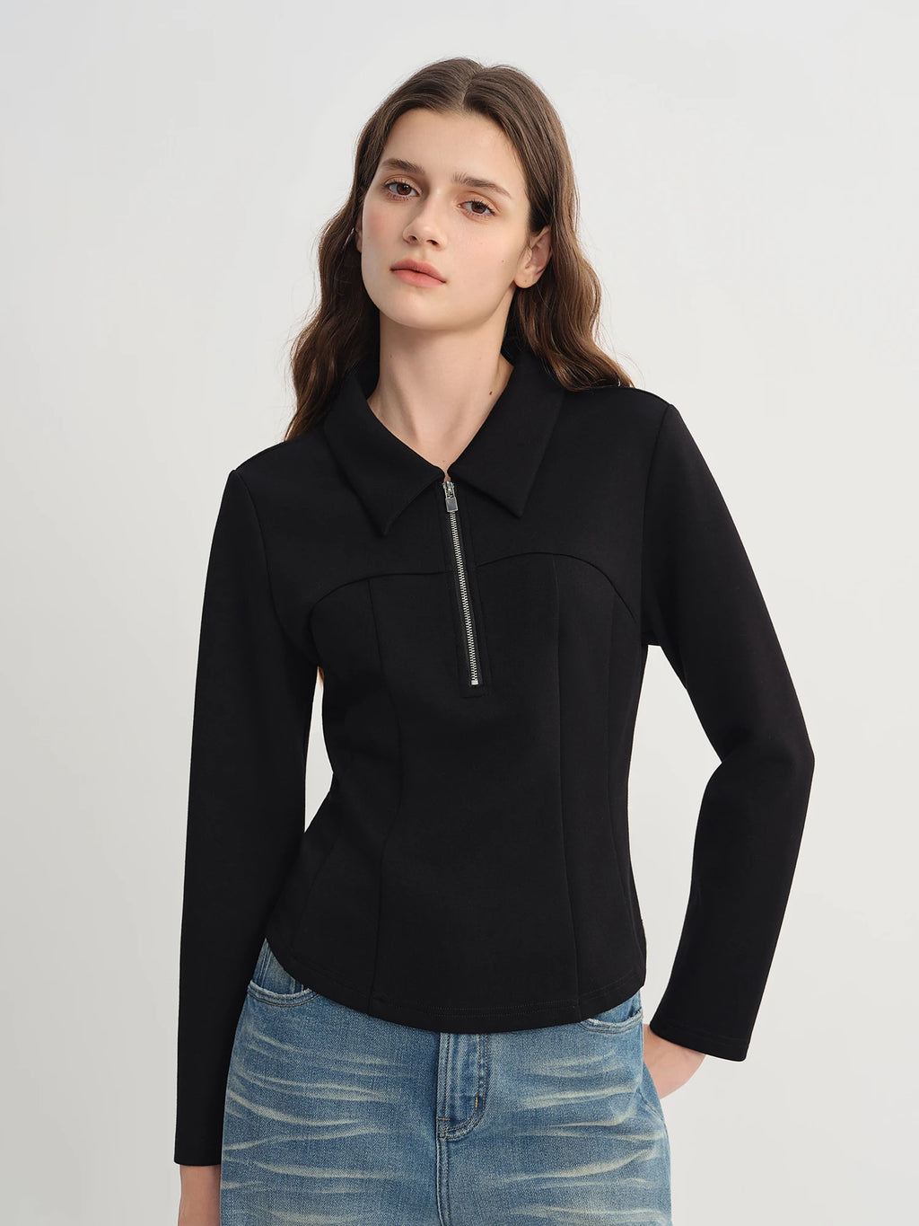 DUSHU Split Waist Zipper Lapel Top 2025 Autumn Temperament Sweatshirt Simple Women's Clothing Ins Clean Fit Commuting Outwear