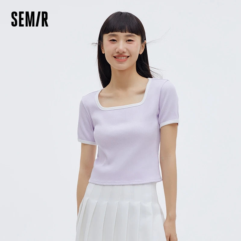 Semir Short-sleeved T-shirt Women PJ Casual Home Interior Fashionable Sweet Vest Square Neck Knitted T-shirt