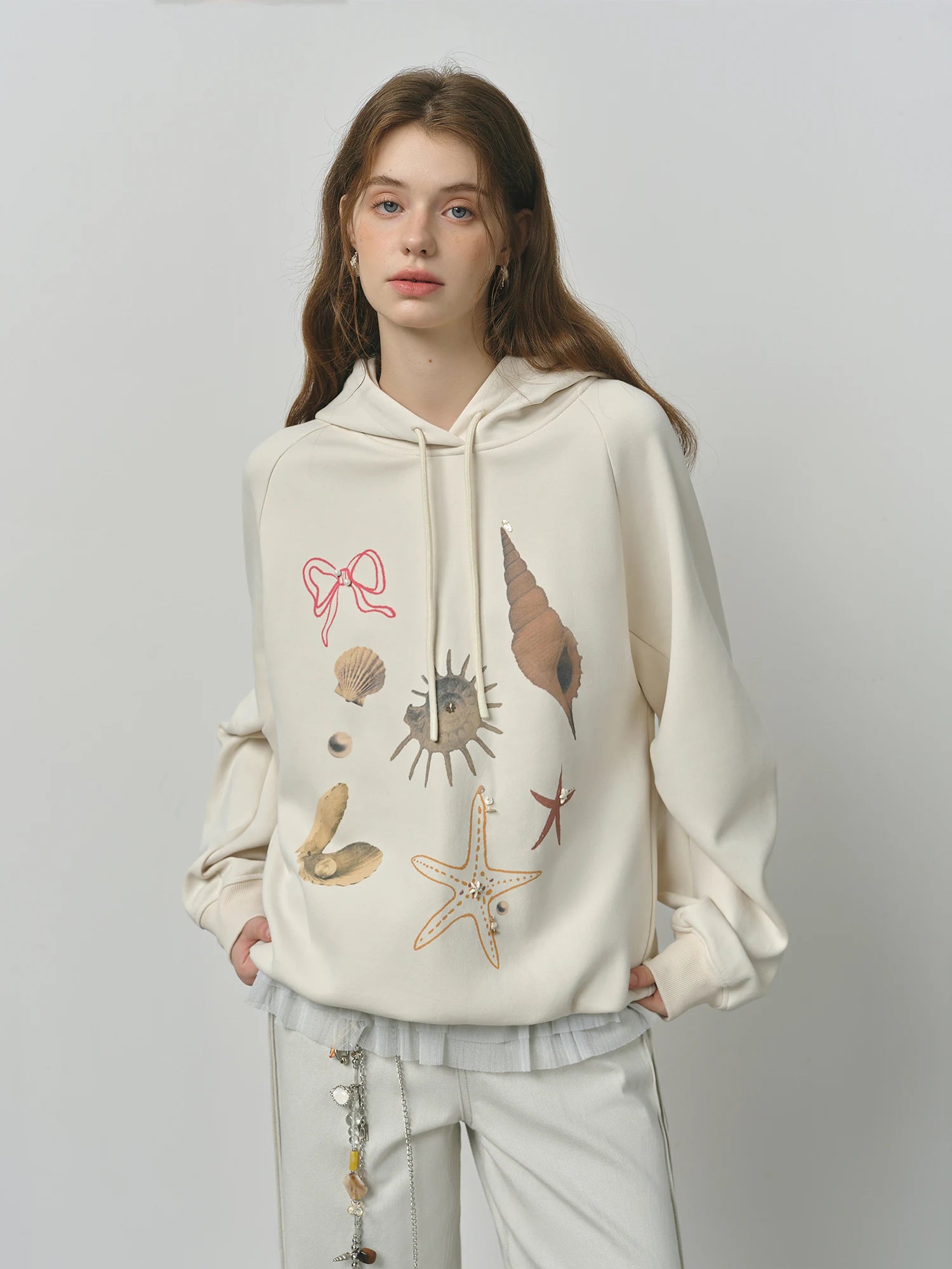 FSLE Autumn 2025 Women's Hooded Sweatshirt - Loose Fit Shell Print Embroidery Long Sleeve Pullover Casual Streetwear Top