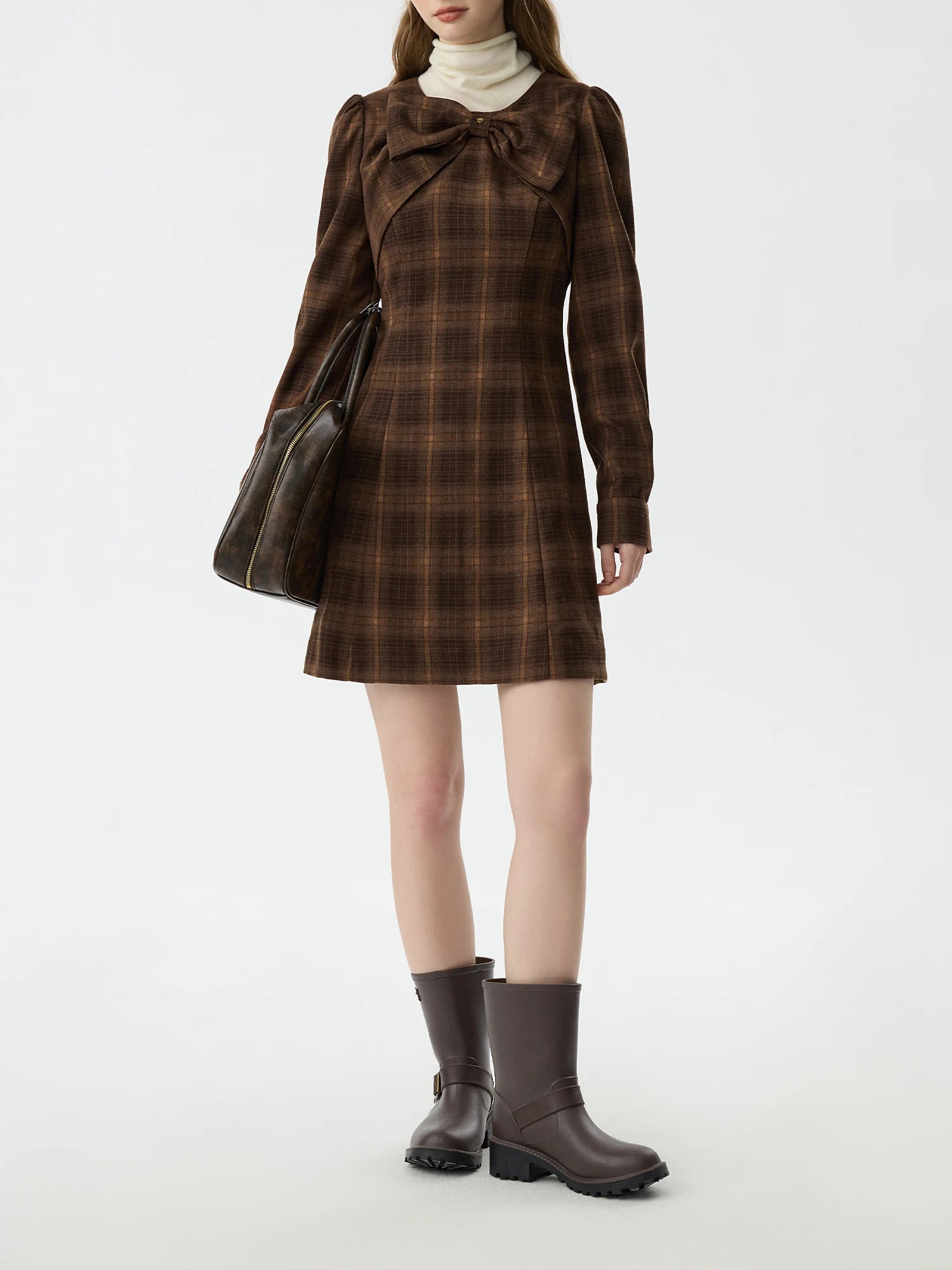 FSLE Women Plaid Long Sleeve Dress Bow Decoration Puff Sleeve Above-Knee Length Female Winter Thicken Dresses 24FS14626