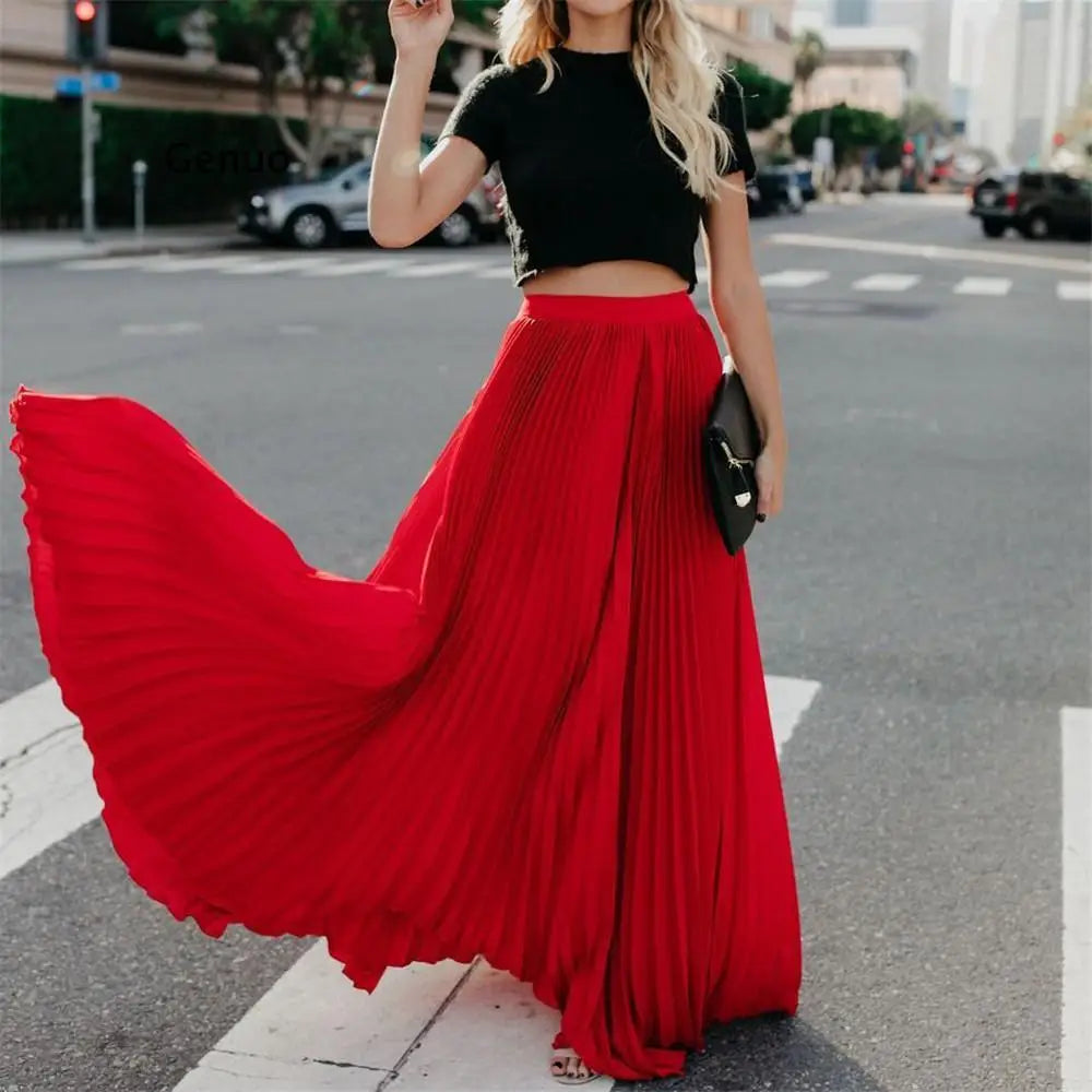 Sexy Red Wine Maxi Pleated Skirt Women 2022 Fashion Autumn Winter Long Plissee Skirts Korean Style  Jupe Longue Femme