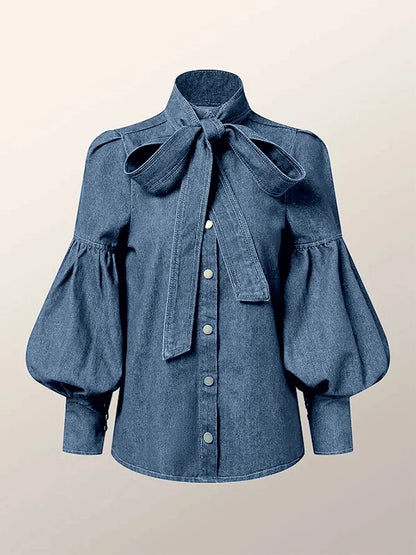 Gymystars New Trendy Imitation Denim Blouse Tops for Women Long Puff Sleeves Bow-Embellished High Neck Women's Autumn Shirts