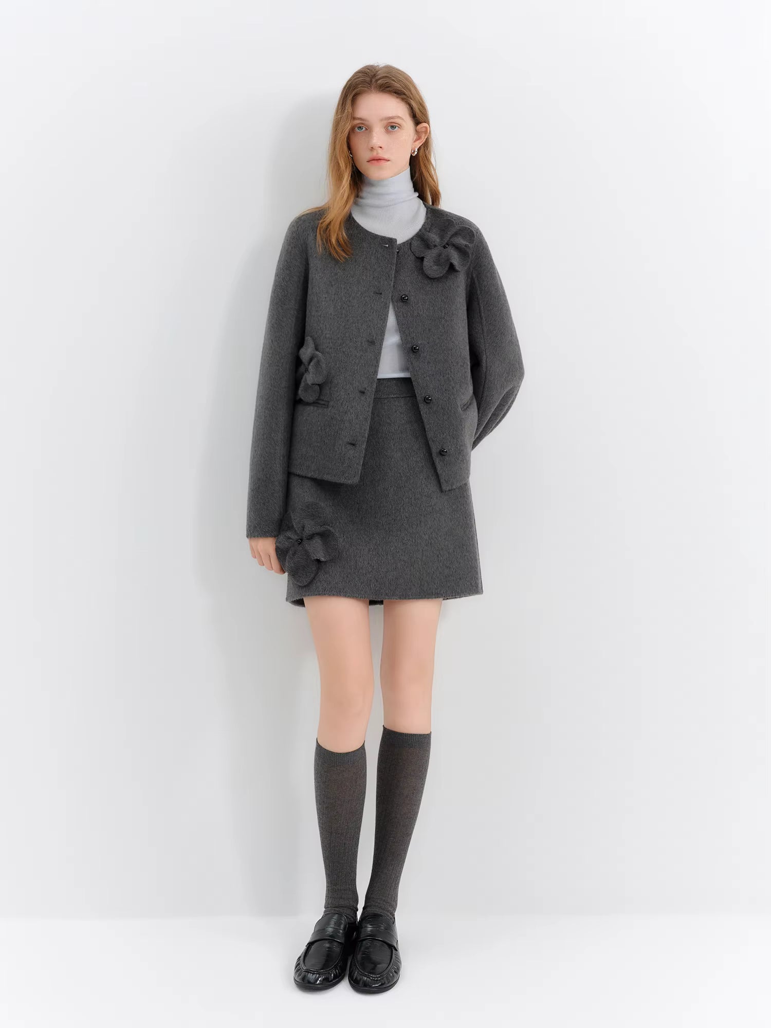 2025 Winter Women Short Wool Blend Coat Set with 3D Floral Pattern - Elegant Two-Piece Outerwear for Casual and Date Nights