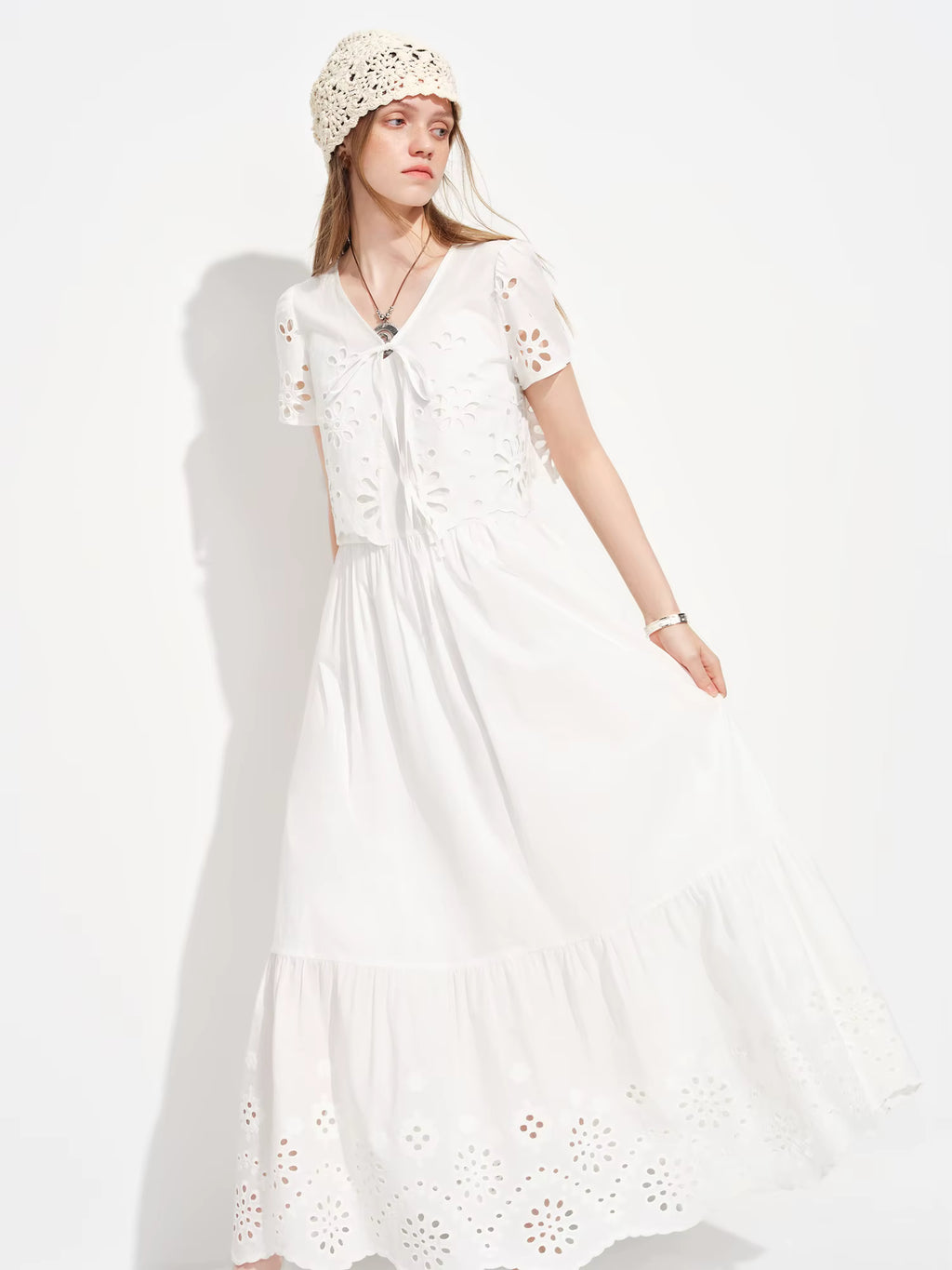 2026 Spring Women's White Two Piece Set Lace Trim Embroidery T-Shirt Slip Dress Soft Romantic Coquette Style Elegant Outfit