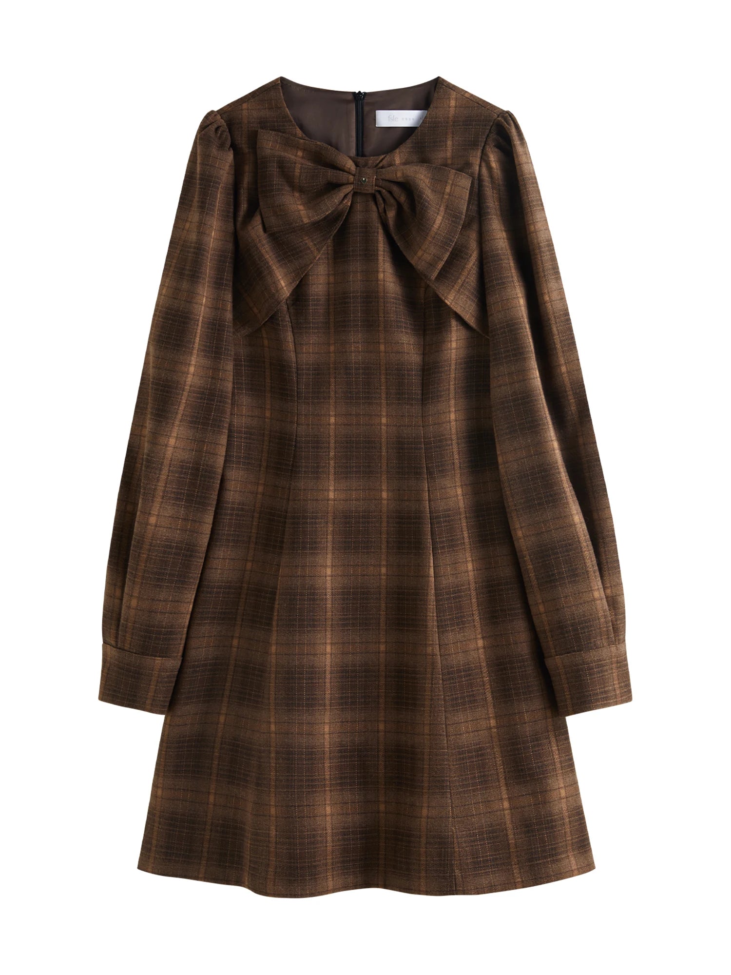 FSLE Women Plaid Long Sleeve Dress Bow Decoration Puff Sleeve Above-Knee Length Female Winter Thicken Dresses 24FS14626