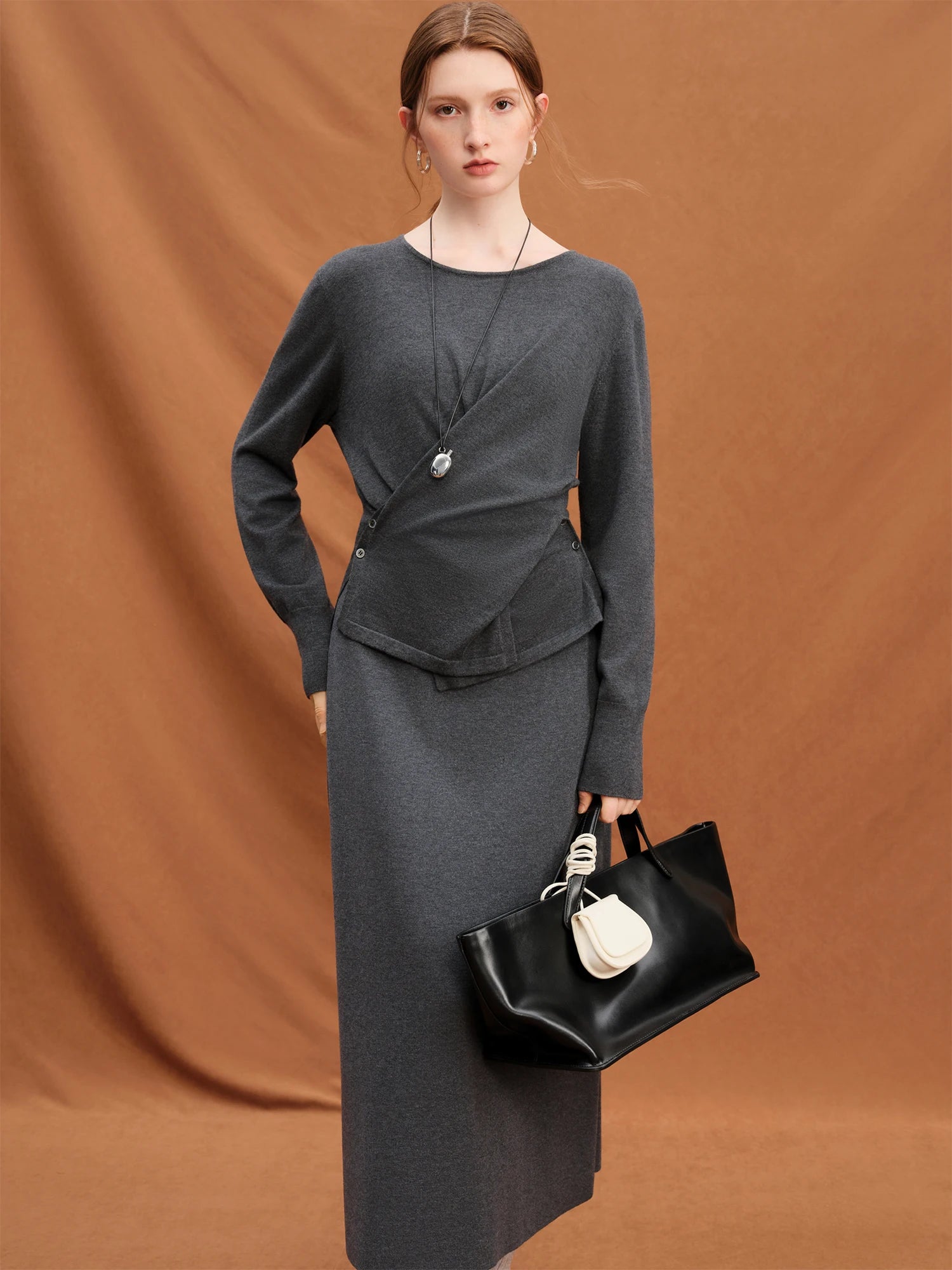 FSLE Women's 2025 Winter Wrap Style Round Neck Long Sleeve Knit Sweater & Skirt Two Piece Set Coordinated Outfit for Fall Winter