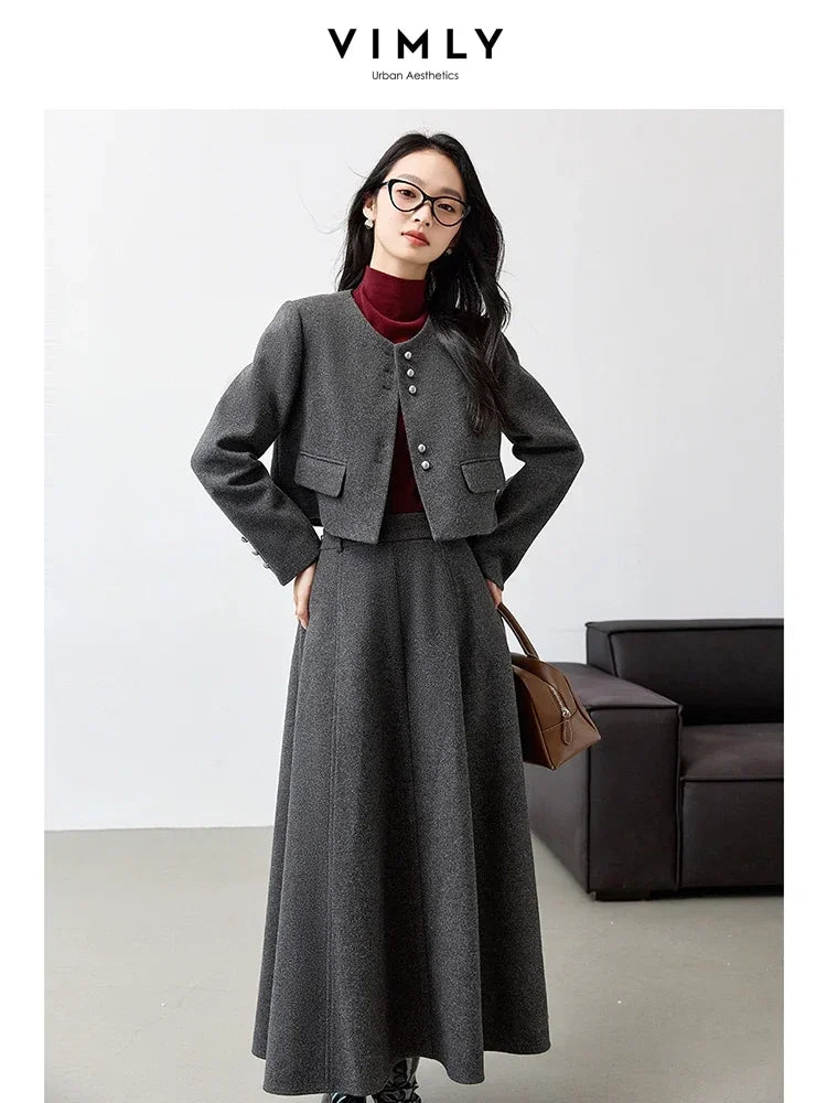 VIMLY Women's Simple Blazer and Skirt Set Fall Winter Elegant Little Fragrant Style Jacket Elastic Waist Skirt Commuter 2pcs Set