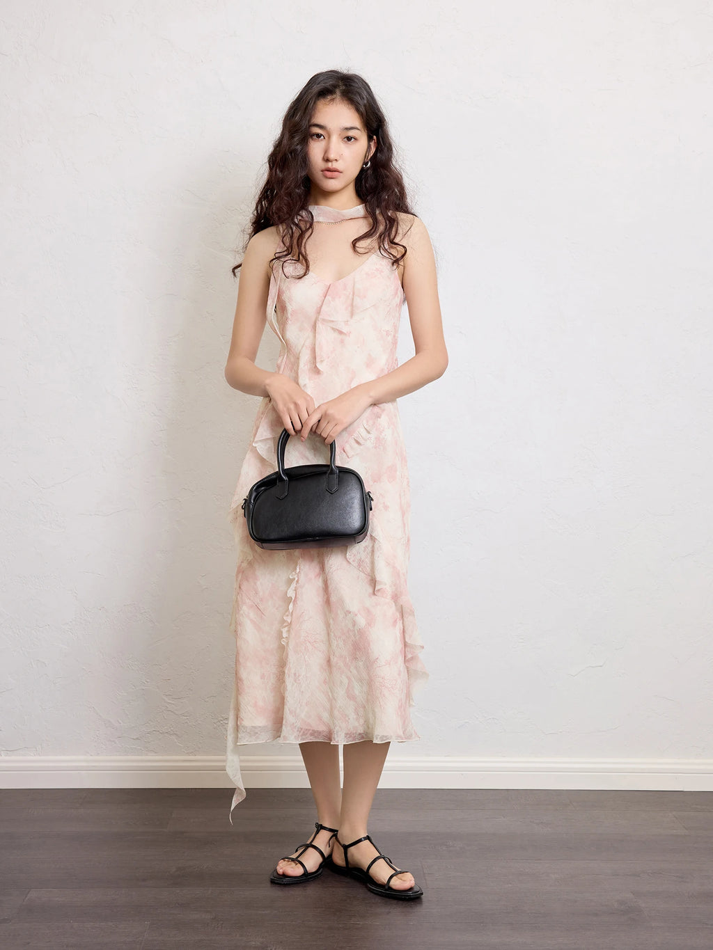 ZIQIAO【2 Vesions】Women Chiffon Strappy Long Dress 2025 Summer New Fly Sleeve Polyester Floral Dresses
