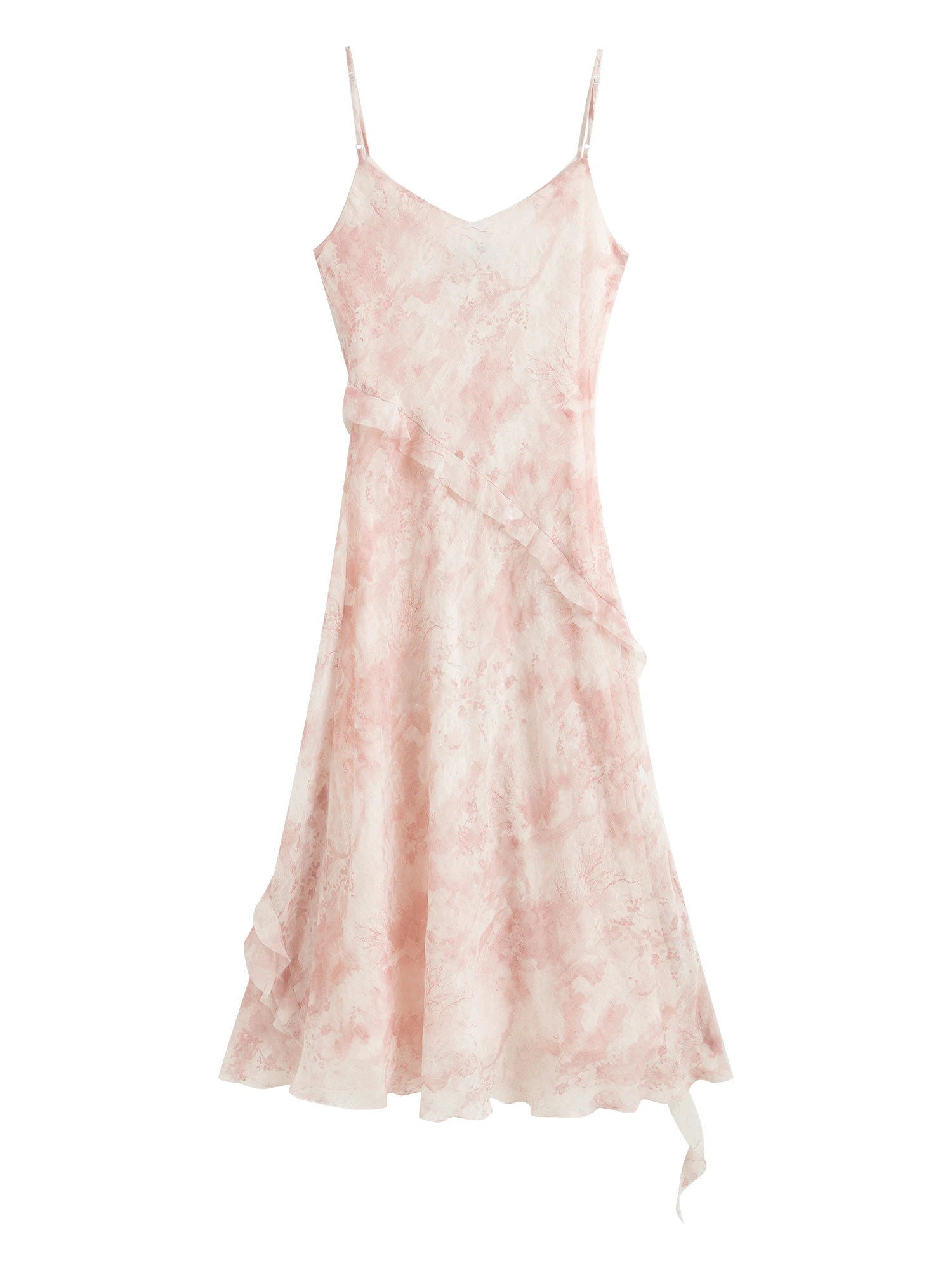 ZIQIAO【2 Vesions】Women Chiffon Strappy Long Dress 2025 Summer New Fly Sleeve Polyester Floral Dresses