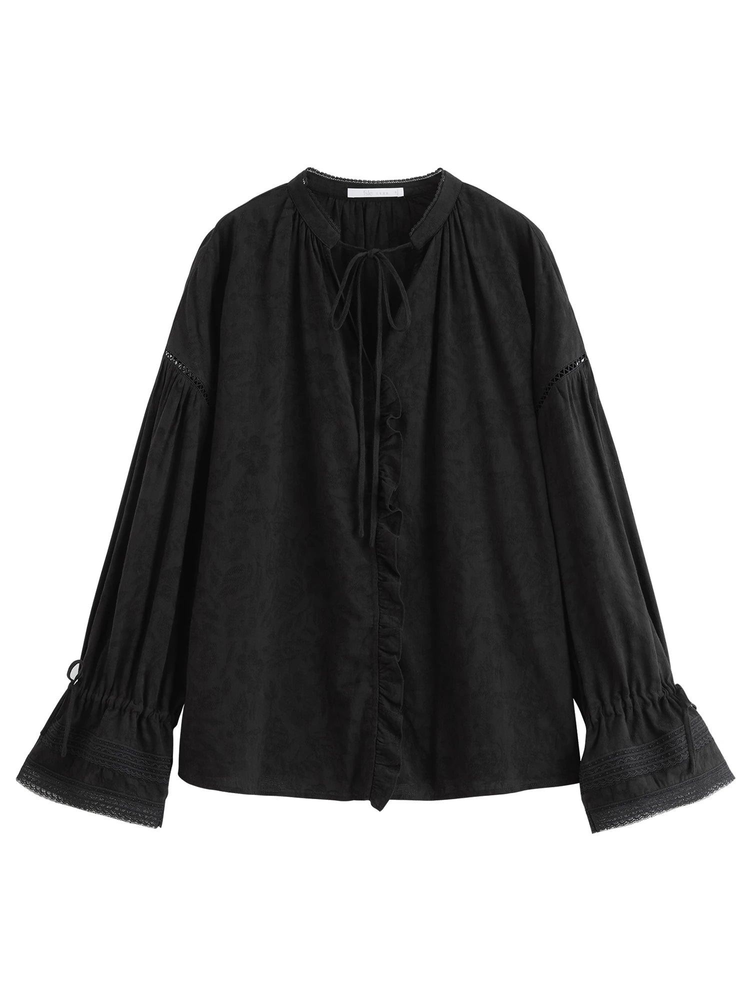 FSLE French Style V-neck Earrings Lace-up Shirt for Women Autumn 2025 New Arrival Long-sleeved Stitching Casual Tops