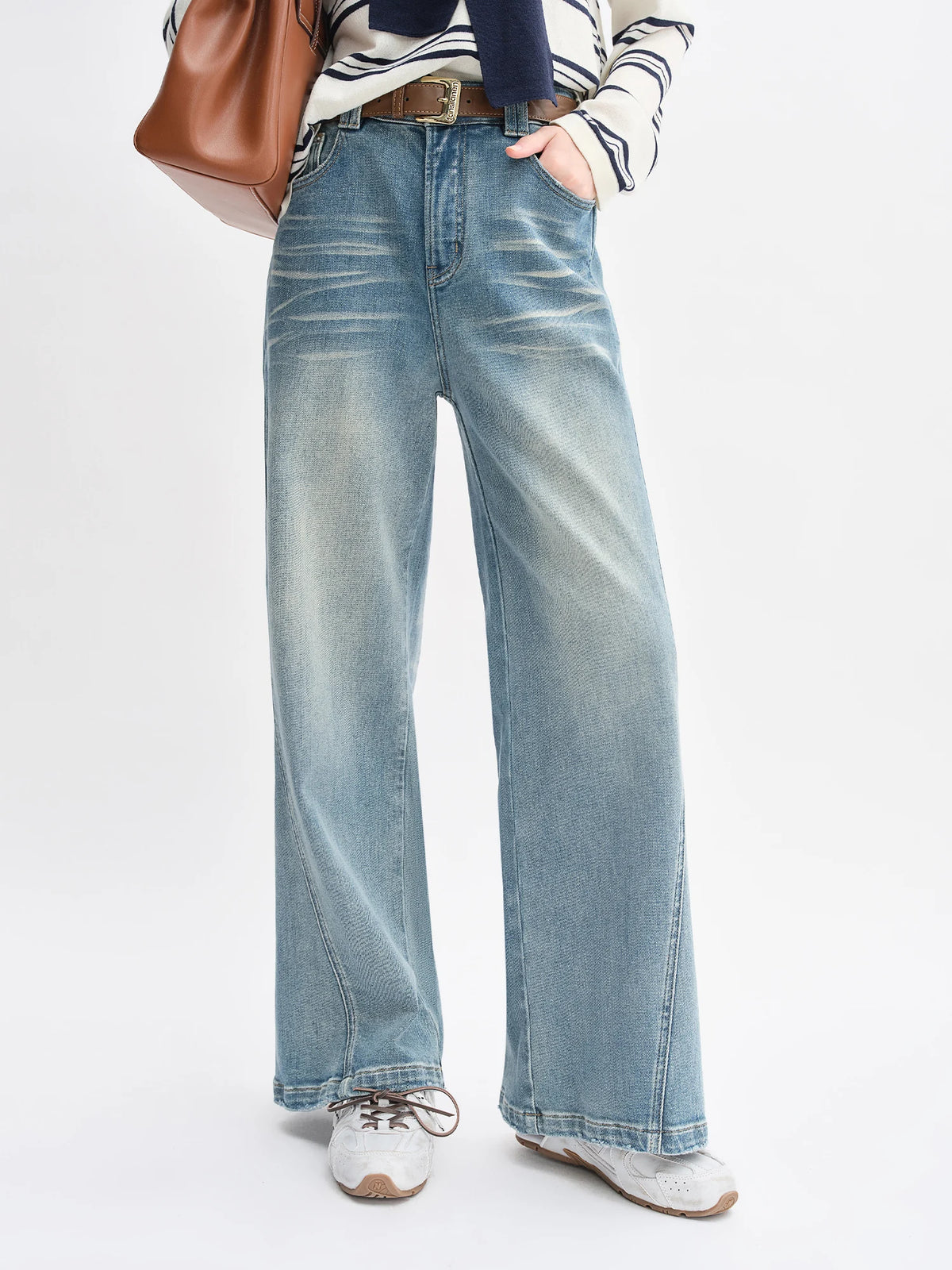 DUSHU Plus Size Design Sense Retro Washed Blue Straight Jeans High Waist Drape Slim Wide Leg Pants 2025 New Arrival