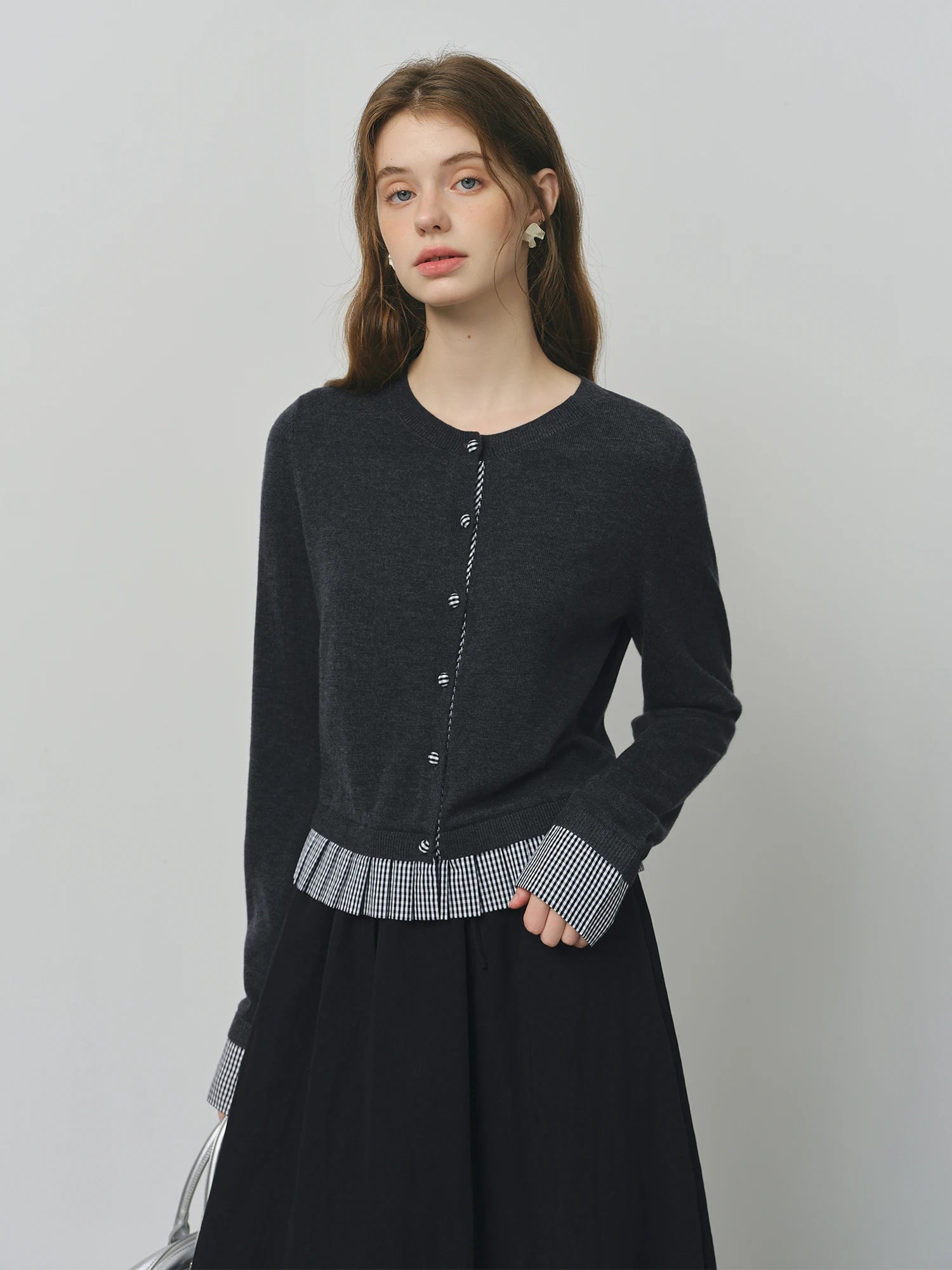 FSLE Genius Girl Round Neck Knit Cardigan for Women 2025 Autumn New Pleated Check Pattern Patchwork Top Sweaters