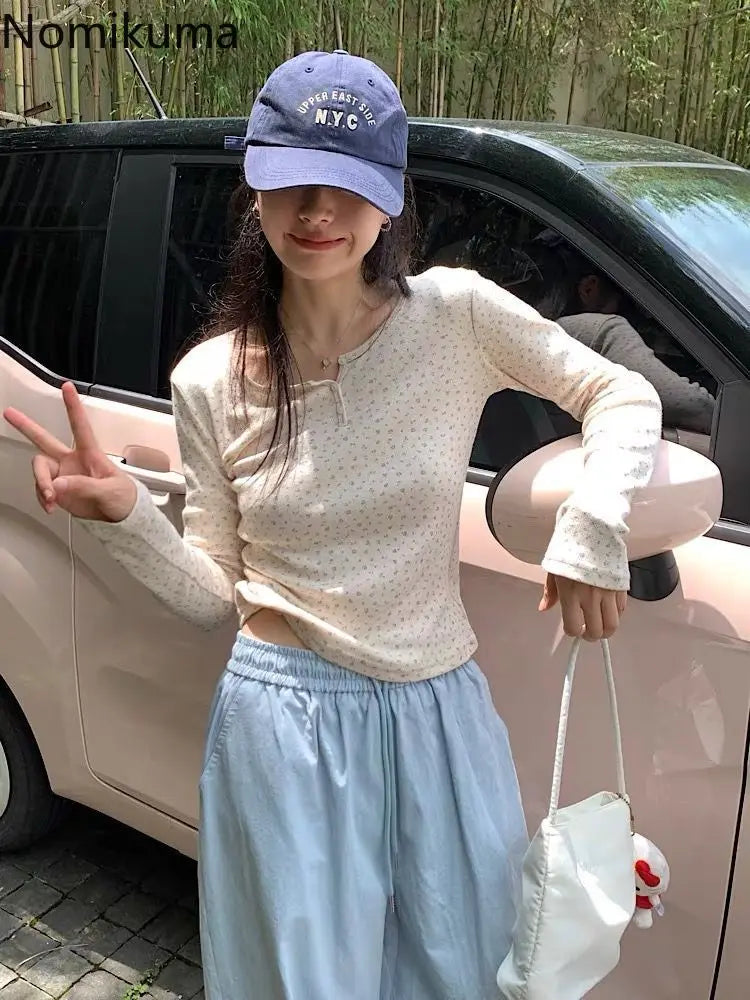 Korean Women Tshirts Long Sleeve Floral Tees 2024 Ropa Mujer Tunic O-neck Fashion T Shirts Y2k Tops Vintage Casual Sweet T-shirt
