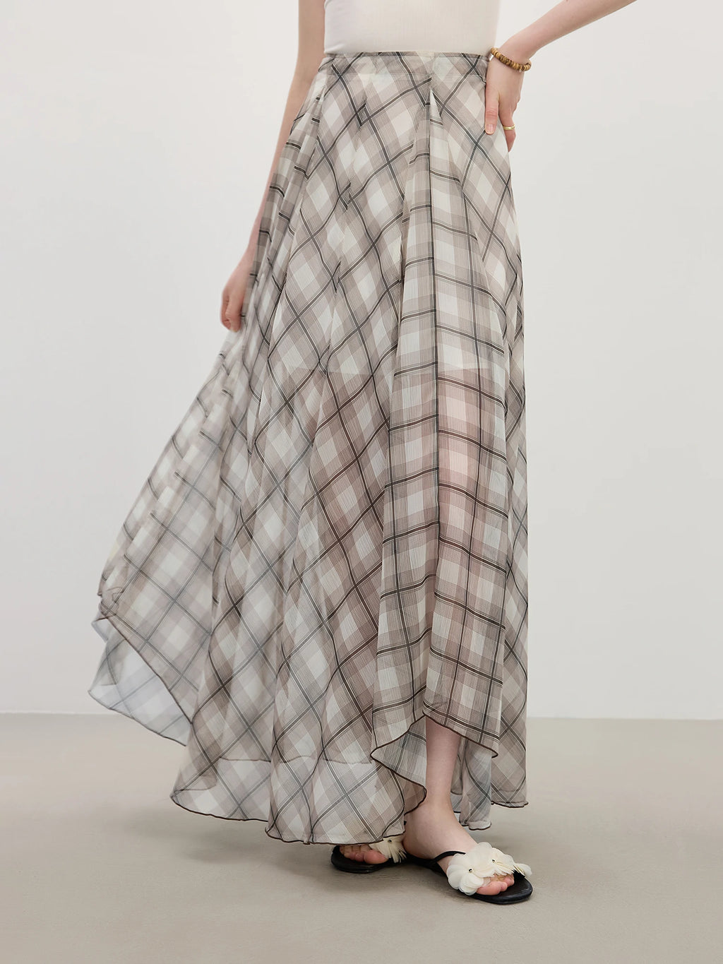 FSLE Women's Summer 2025 New Arrival Irregular A-line Hem Plaid Skirt Flowing Relaxed Fit Skirts