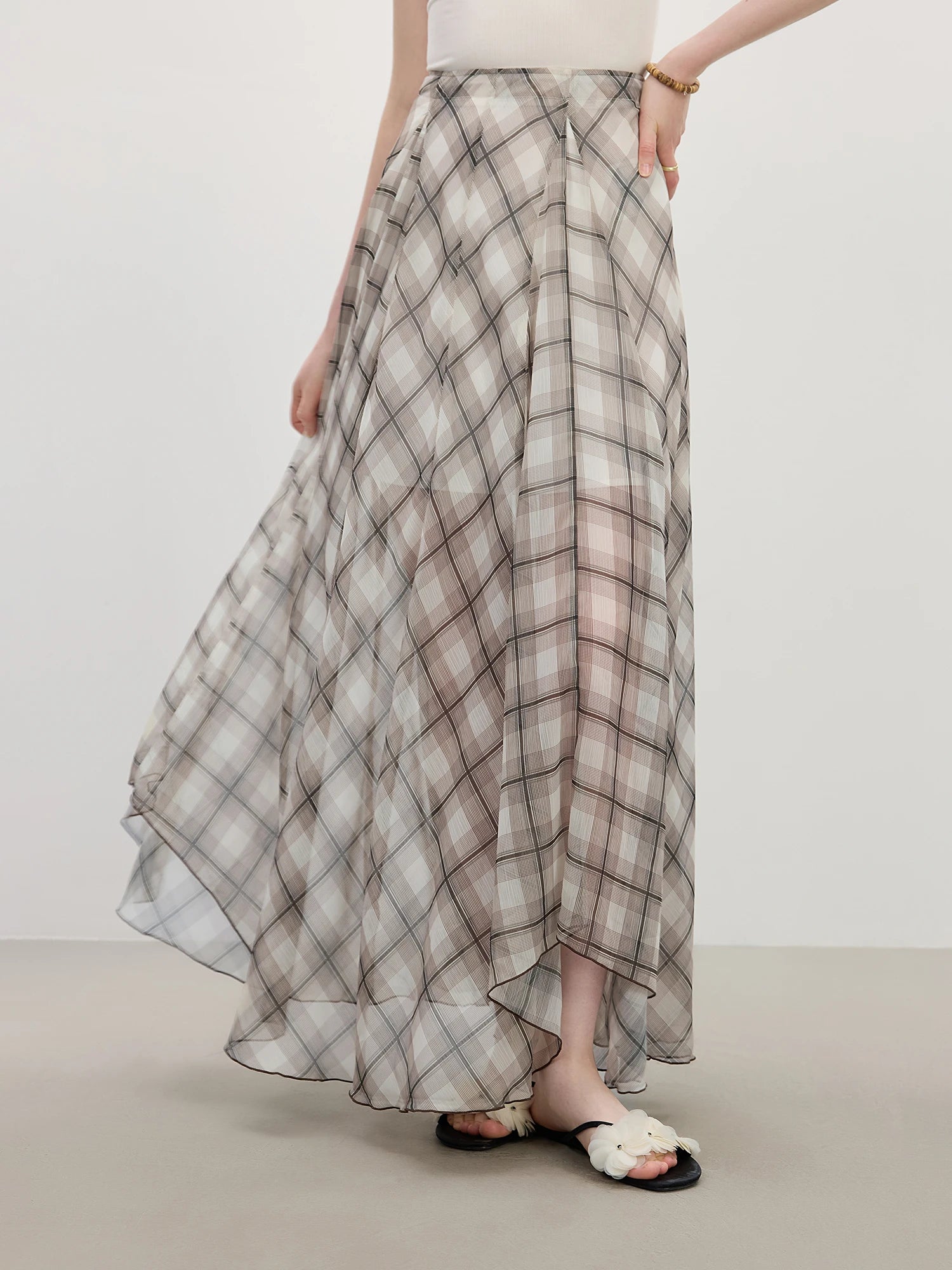 FSLE Women's Summer 2025 New Arrival Irregular A-line Hem Plaid Skirt Flowing Relaxed Fit Skirts