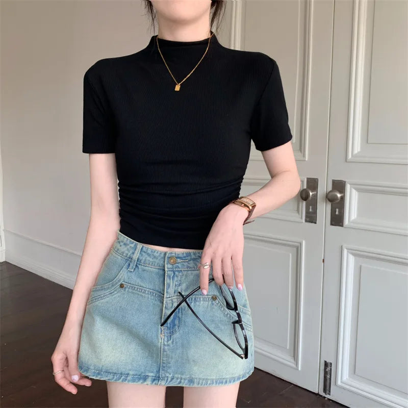 Summer Women Short Sleeve T Shirts 2024 Korean Style Casual Half High Collar Tops Girl Slim Fit Thin Knitted O Neck T-shirt