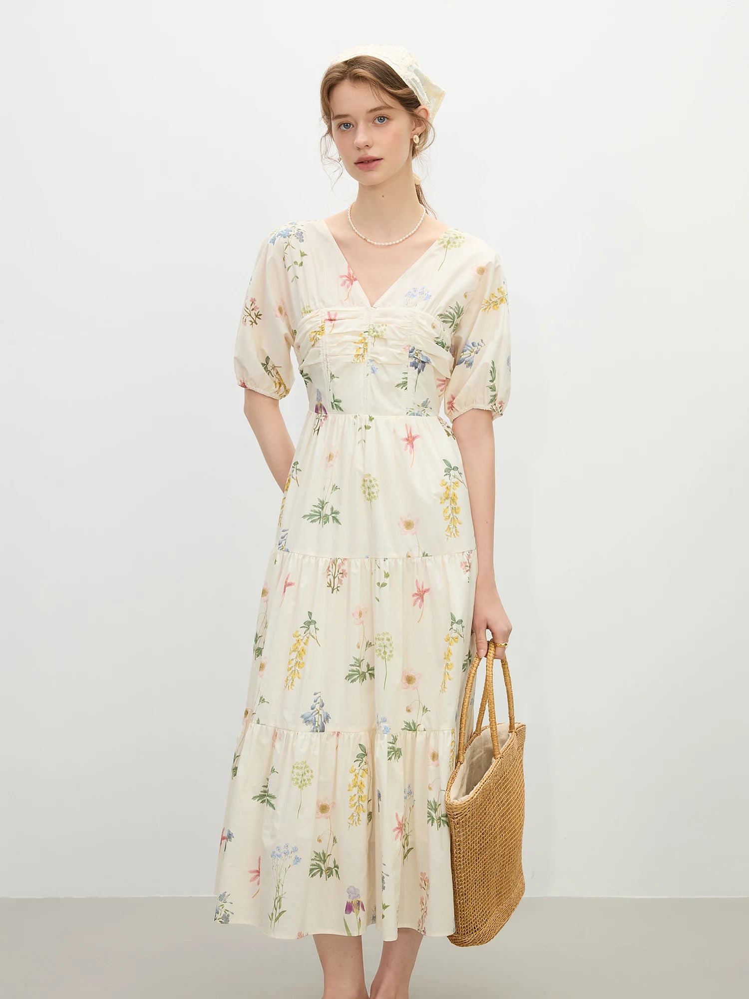 FSLE Holiday Season Pastoral Style Flower Print V-neck Dress Female 2025 Summer New Country Concert Outfits Dress