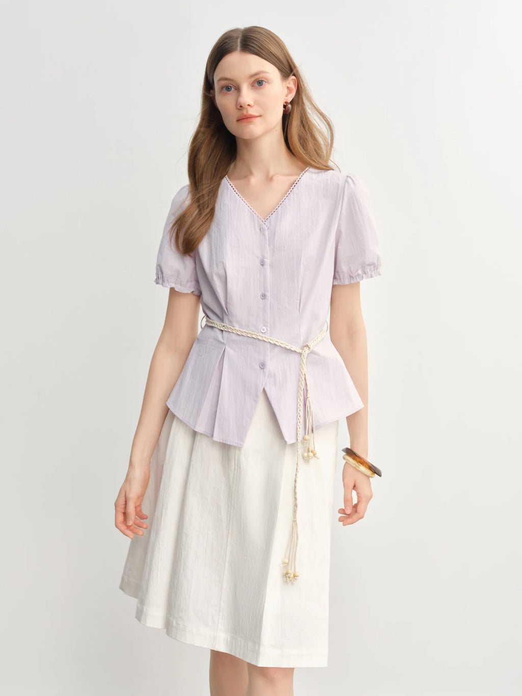 DUSHU Summer 2025 Women's V-Neck Blouse - Textured Pleats Accented Waist Relaxed Fit Resort Top