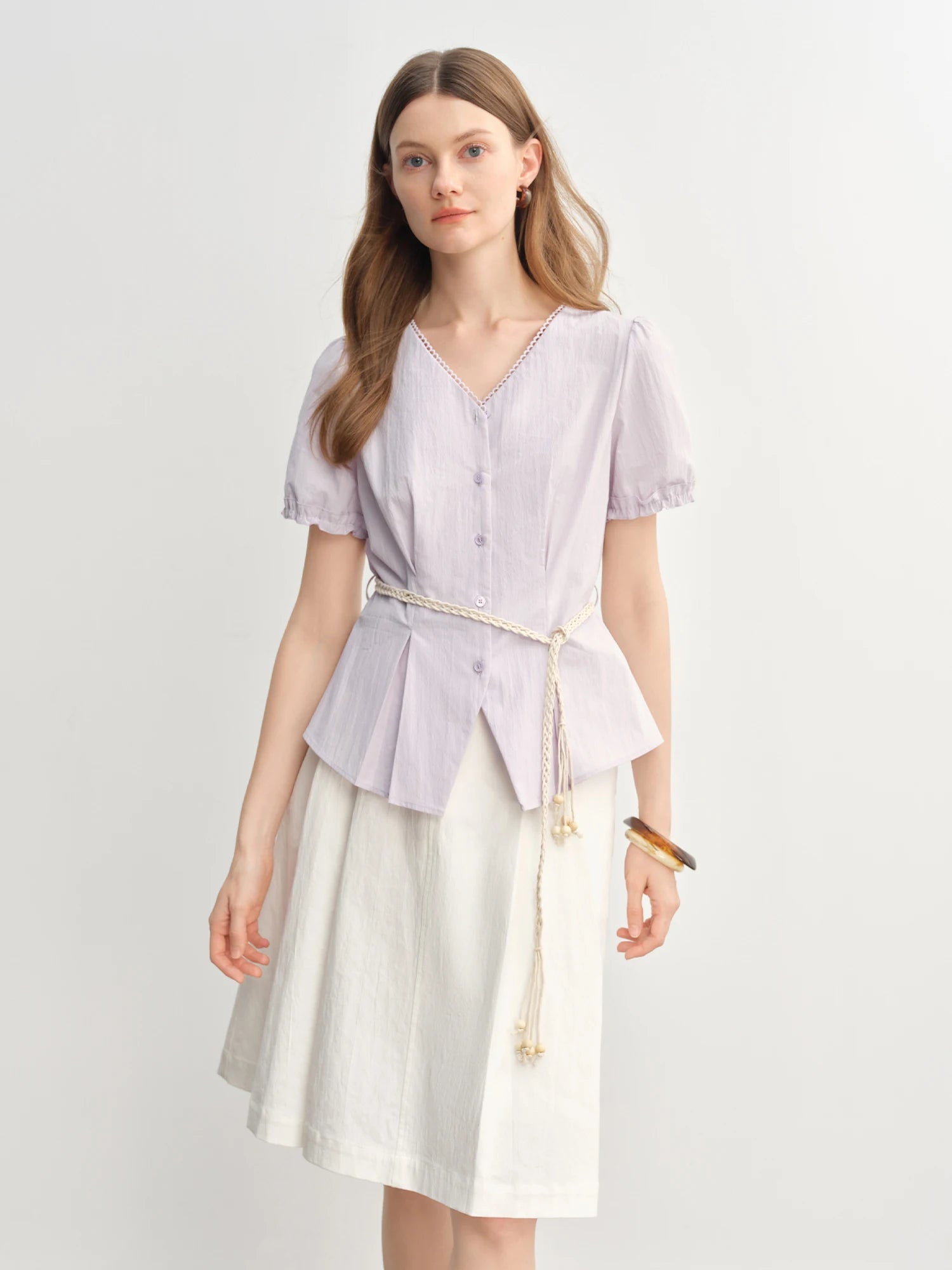 DUSHU Summer 2025 Women's V-Neck Blouse - Textured Pleats Accented Waist Relaxed Fit Resort Top