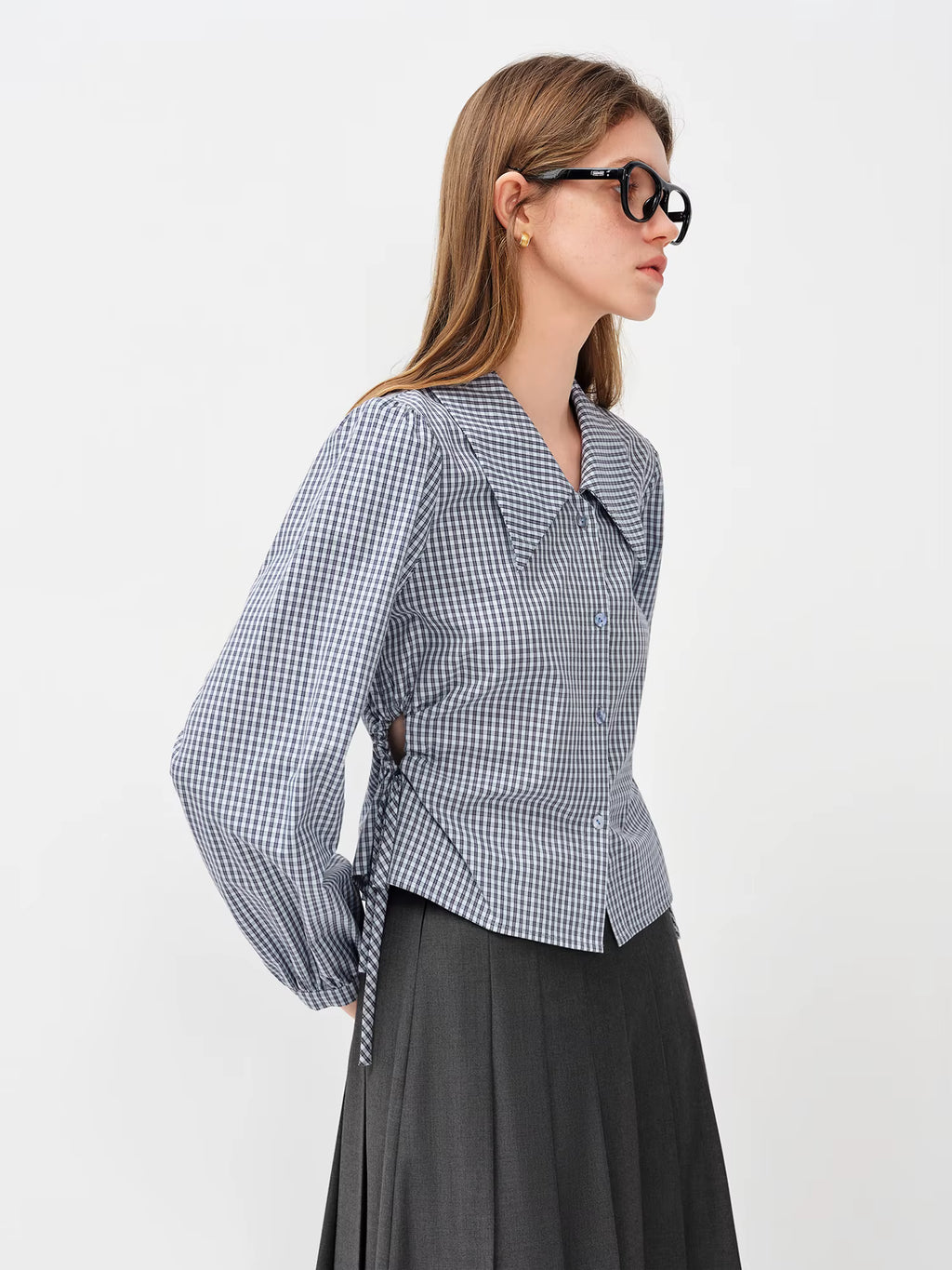 2026 Women Blue White Gingham Shirt Drawstring Waist Short Blouse Soft Cotton Cropped Long Sleeve Top for Coffee Date Style