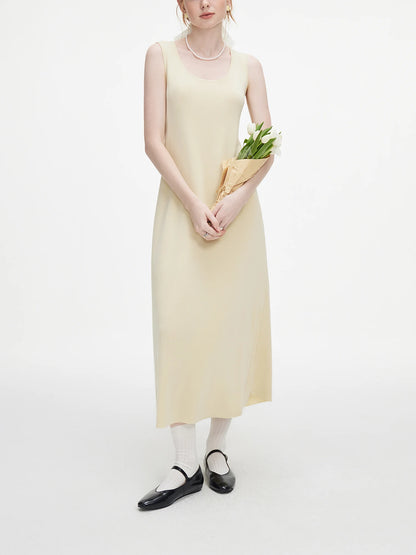 FSLE Women Grey Sleeveless Knitted Dress U-Neck Temperament 2024 Autumn All-Match Yellow Midi Long Lyocell Dresses 24FS13186