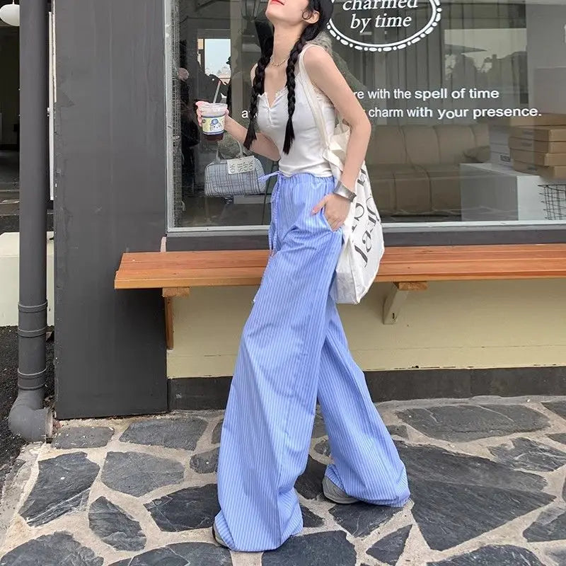 QWEEK Blue Stripe Wide Leg Pants Korean Style Thin High Waist Trousers Loose Casual Pantalones Summer Y2k Clothing