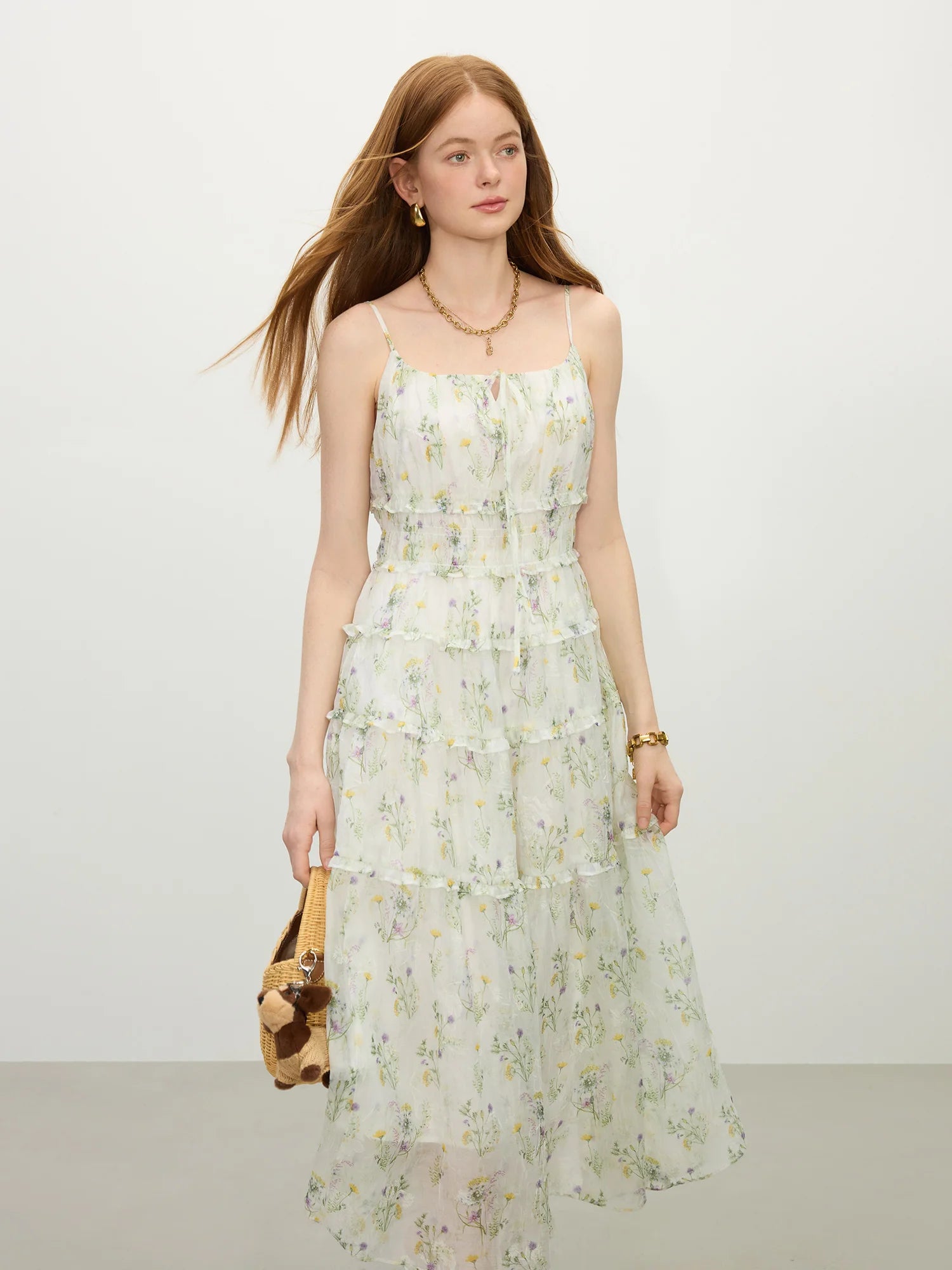 FSLE Women Summer Floral Strappy Dress 2025 Summer Holiday Style Female Spaghetti Strap Long X-LINE Dresses