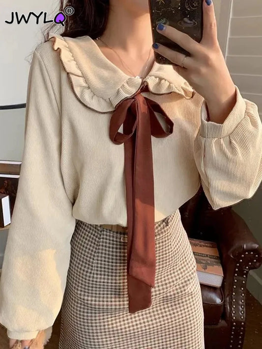 Spring Autumn Corduroy Kawaii Bow Peter Pan Collar Shirts Vintage Cute Long Sleeve Women Clothing All-match Sweet Blouses Women