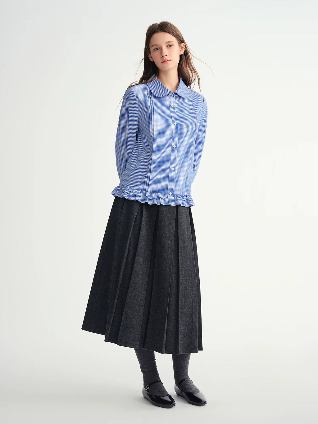 Plus-size Women Clothing 【Sweet Tea Girl】 Striped Gathered Wooden Ear neckline and hem Babydoll Dress 2025 Winter Shirt