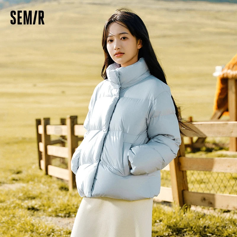 Semir Down Jacket Women Three-Proof Solid Color Stand-Up Collar Loose Simple Winter 2024 New Versatile Goose Warm Down Jacket
