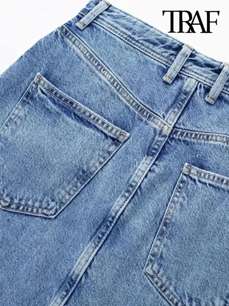 TRAF Women Fashion With Pockets Front Slit Denim Midi Skirt Vintage High Waist Zipper Fly Female Skirts Mujer