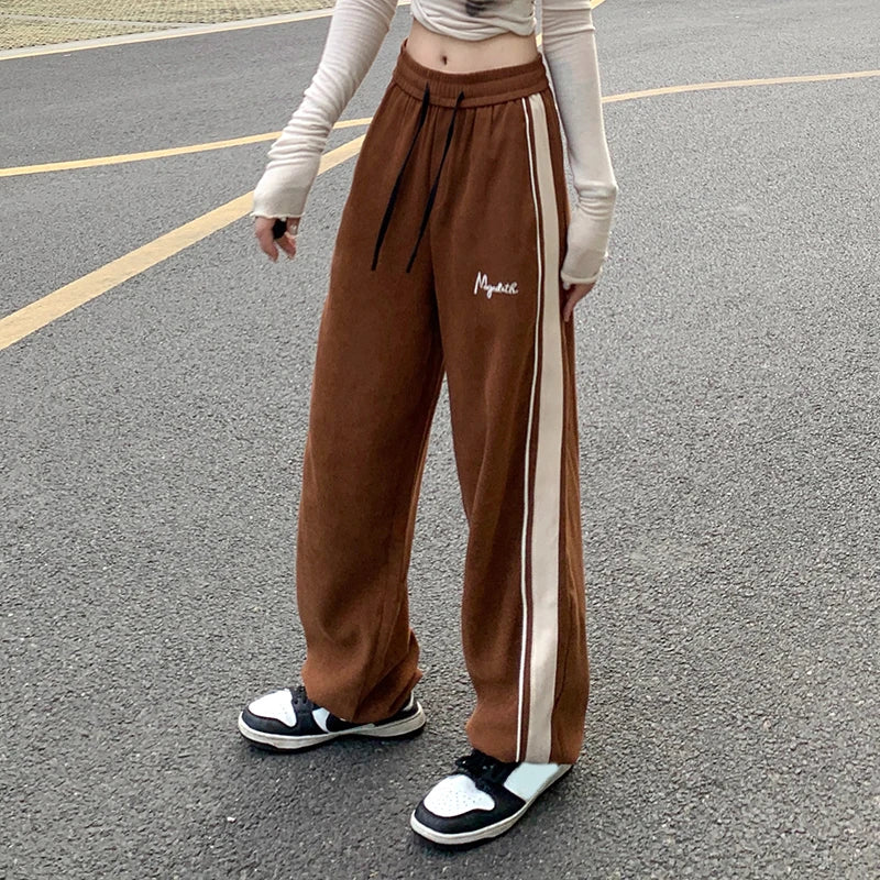 Women Korean Fashion Casual Trousers Girls Hip Hop Patchwork Straight Leg Pants Female Elastic Black Coffee Apricot Sweatpants