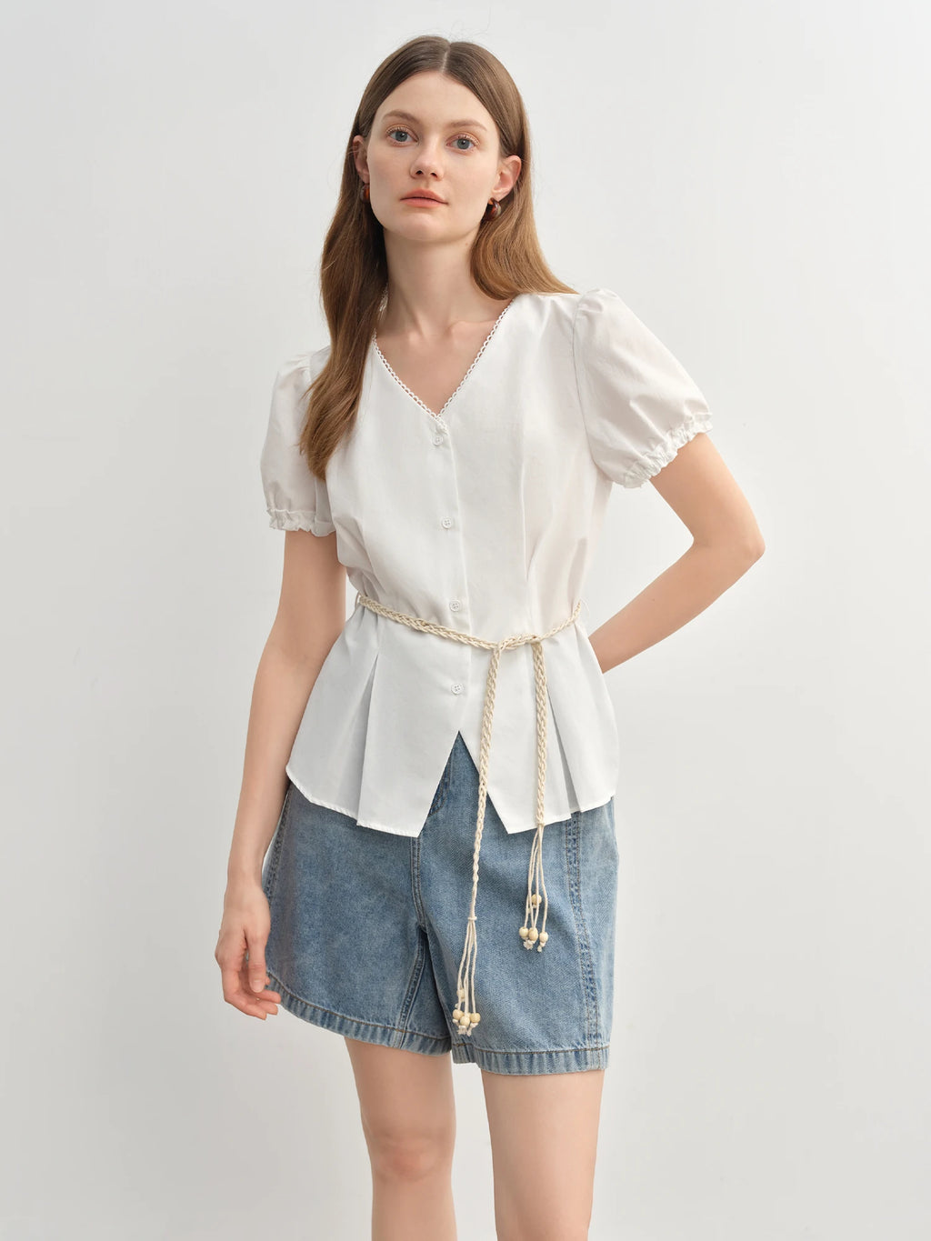 DUSHU Summer 2025 Women's V-Neck Blouse - Textured Pleats Accented Waist Relaxed Fit Resort Top