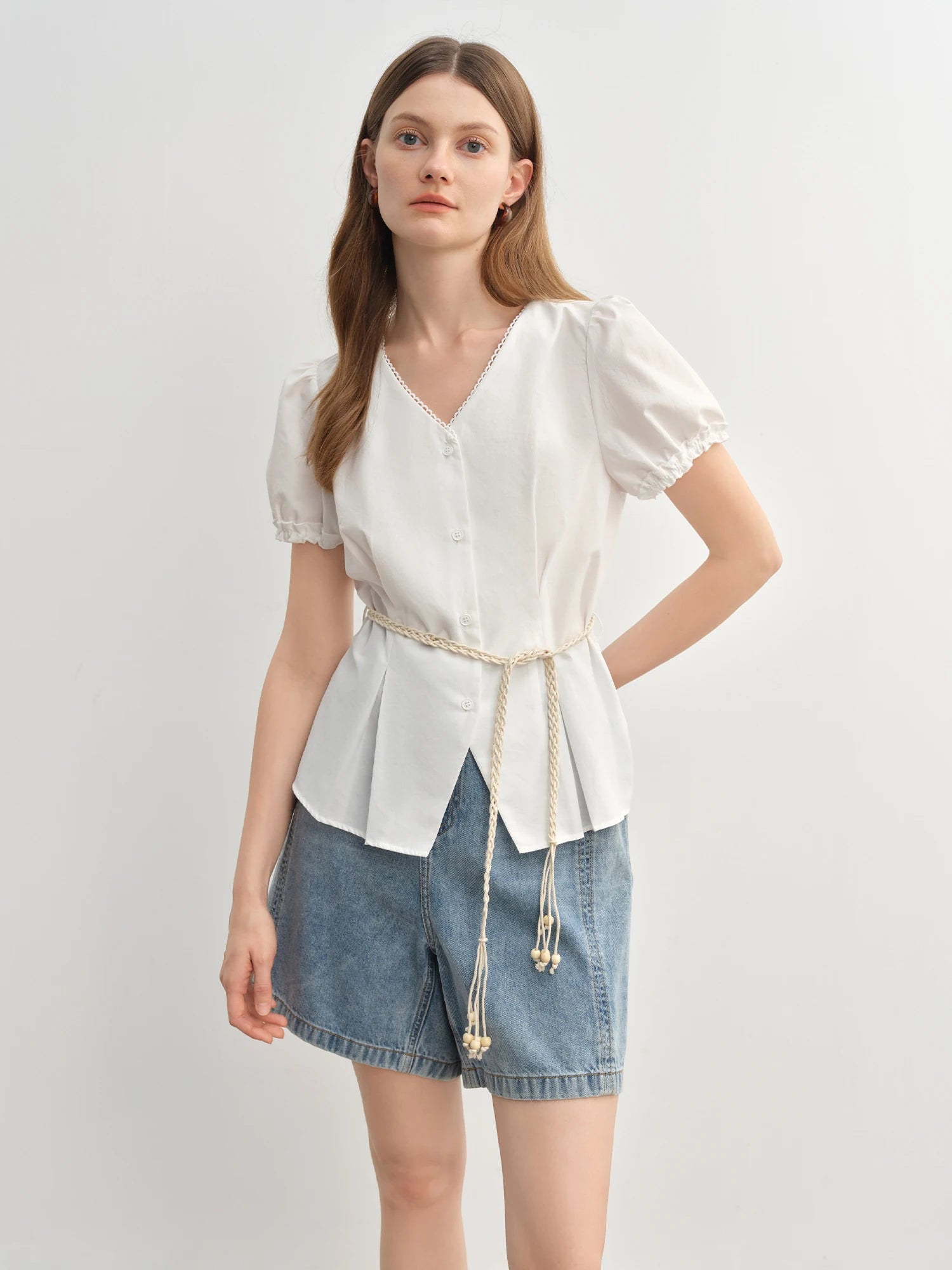 DUSHU Summer 2025 Women's V-Neck Blouse - Textured Pleats Accented Waist Relaxed Fit Resort Top