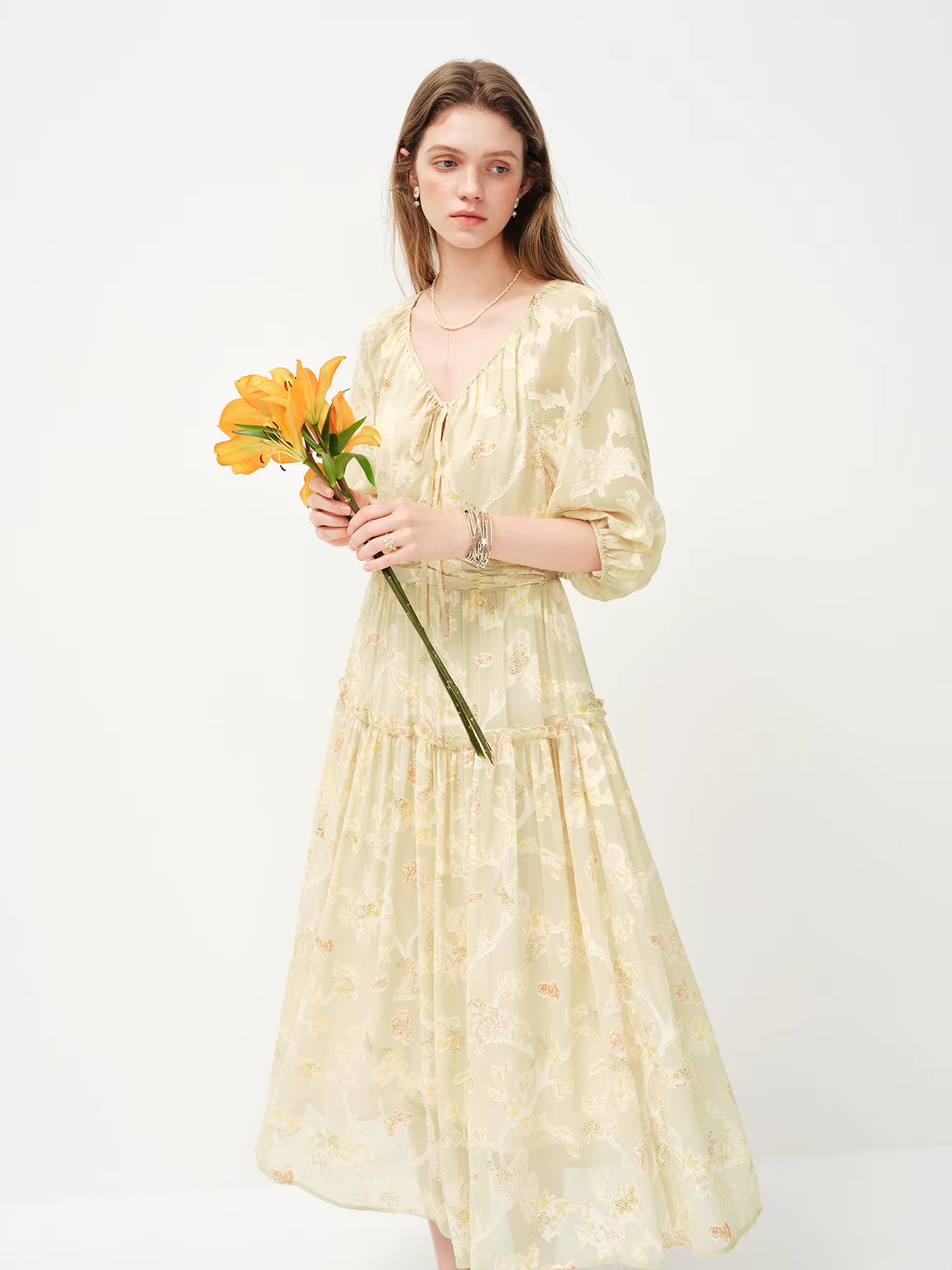 2026 Spring Women's Ethereal Textured Floral Embroidered Dress - Lily of the Valley Inspired Mid-Length Midi for Spring