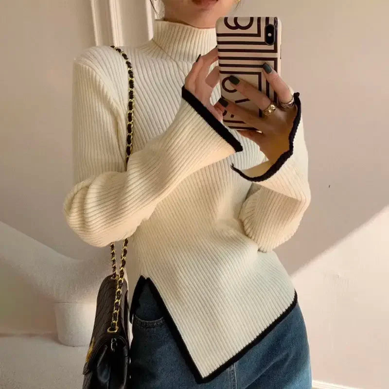 QWEEK 2024 Autumn Elegant Sweater Women Korean Old Money Style Slim Contrast Color Jumper Autumn Winter Casual Knitwear Tops