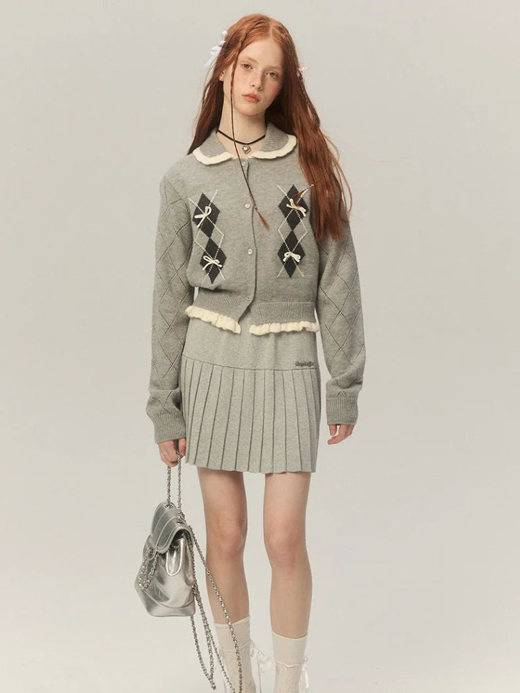 QWEEK Y2k Coquette Elegant Knit Knitted Cardigan Women 2024 Autumn Winter Fashion Kawaii Cute Bow Plaid Sweater Ruffles