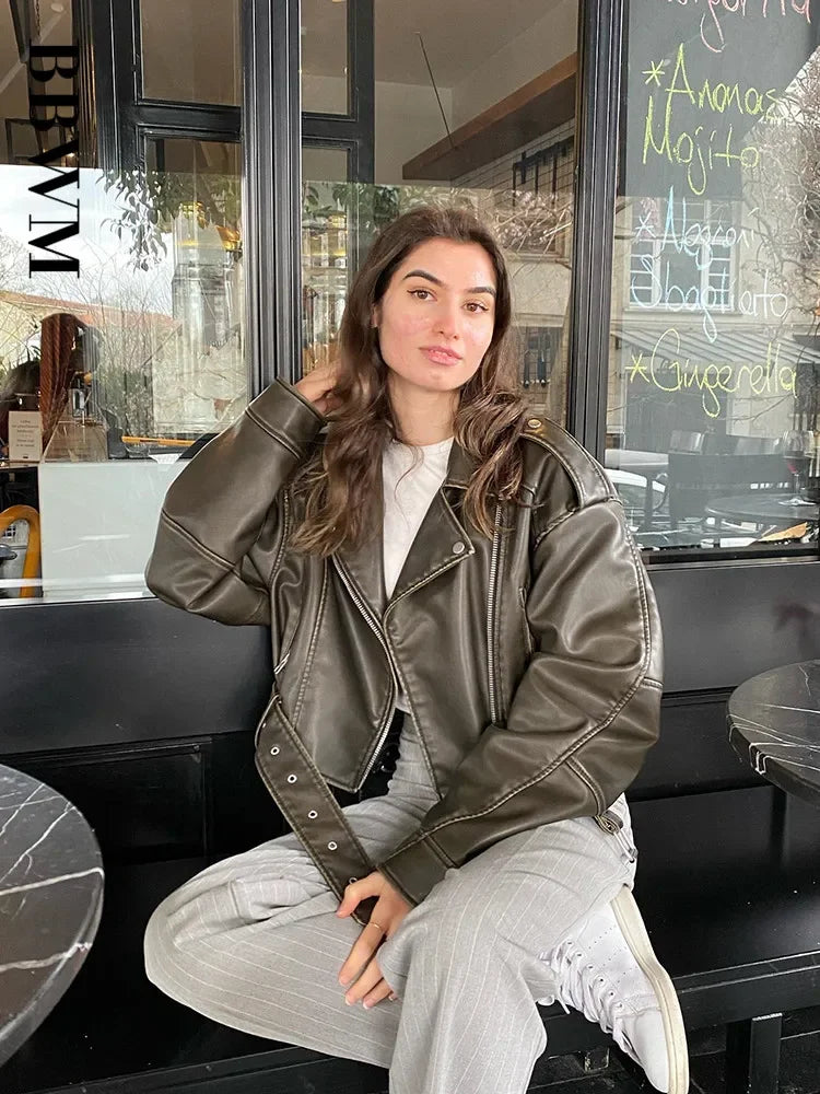 Oversized Vintage Loose Pu Faux Leather Short Jacket with Belt Streetwear Female Zipper Retro Moto Biker Coat Outwear