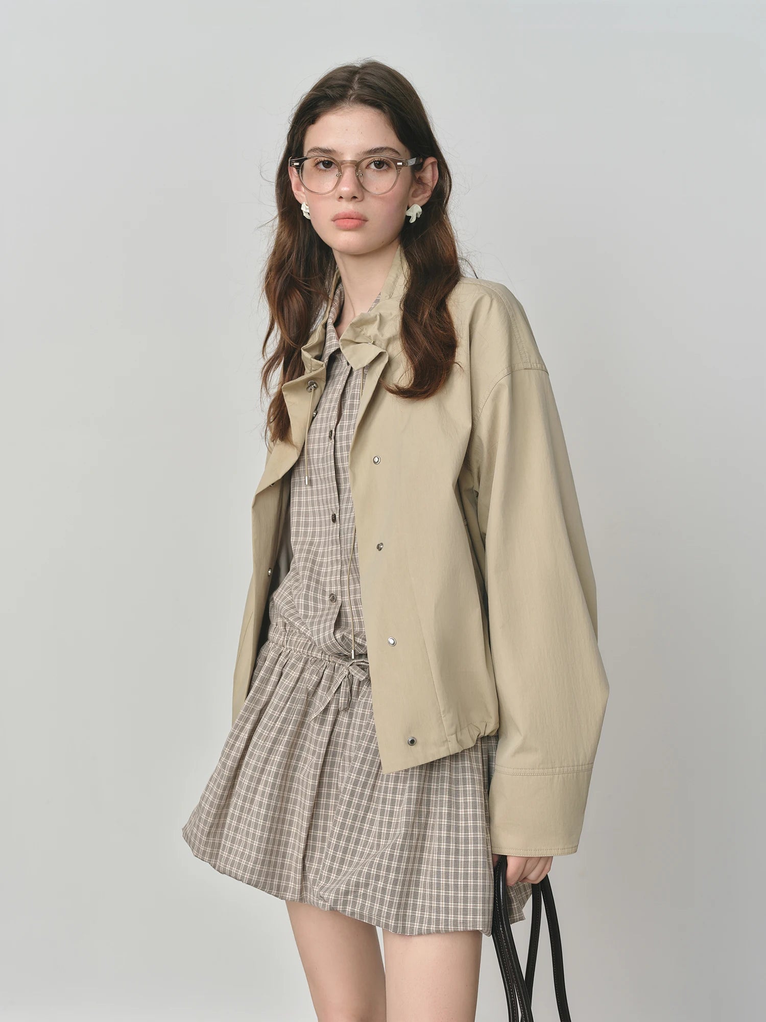 FSLE 2025 Women's Vintage Utility Jacket - Puff Sleeve Drawstring Short Crop Autumn Casual Coat with Barn Style