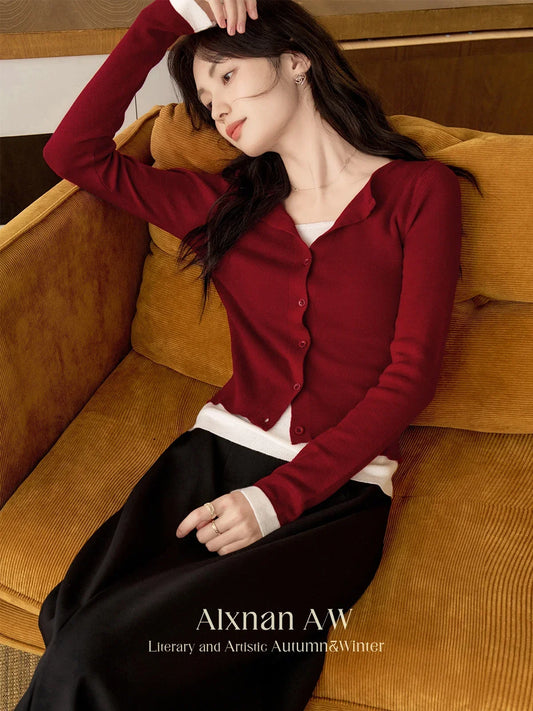 ALXNAN Women Knitted Sweater 2024 Autumn New Korean Style 2 In 1 Spliced Cardigan Vintage Chic Slim Fit Female Tops L50068